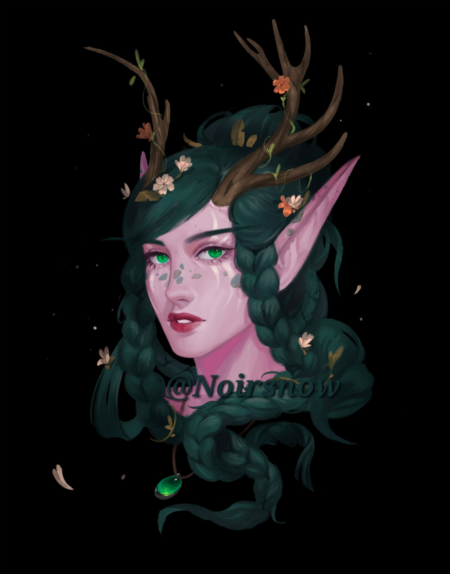 Headshot depicting an elf with antlers. Her skin is pink with light green patches and dark green hair. Hair and antlers adorned with leaves and flowers.