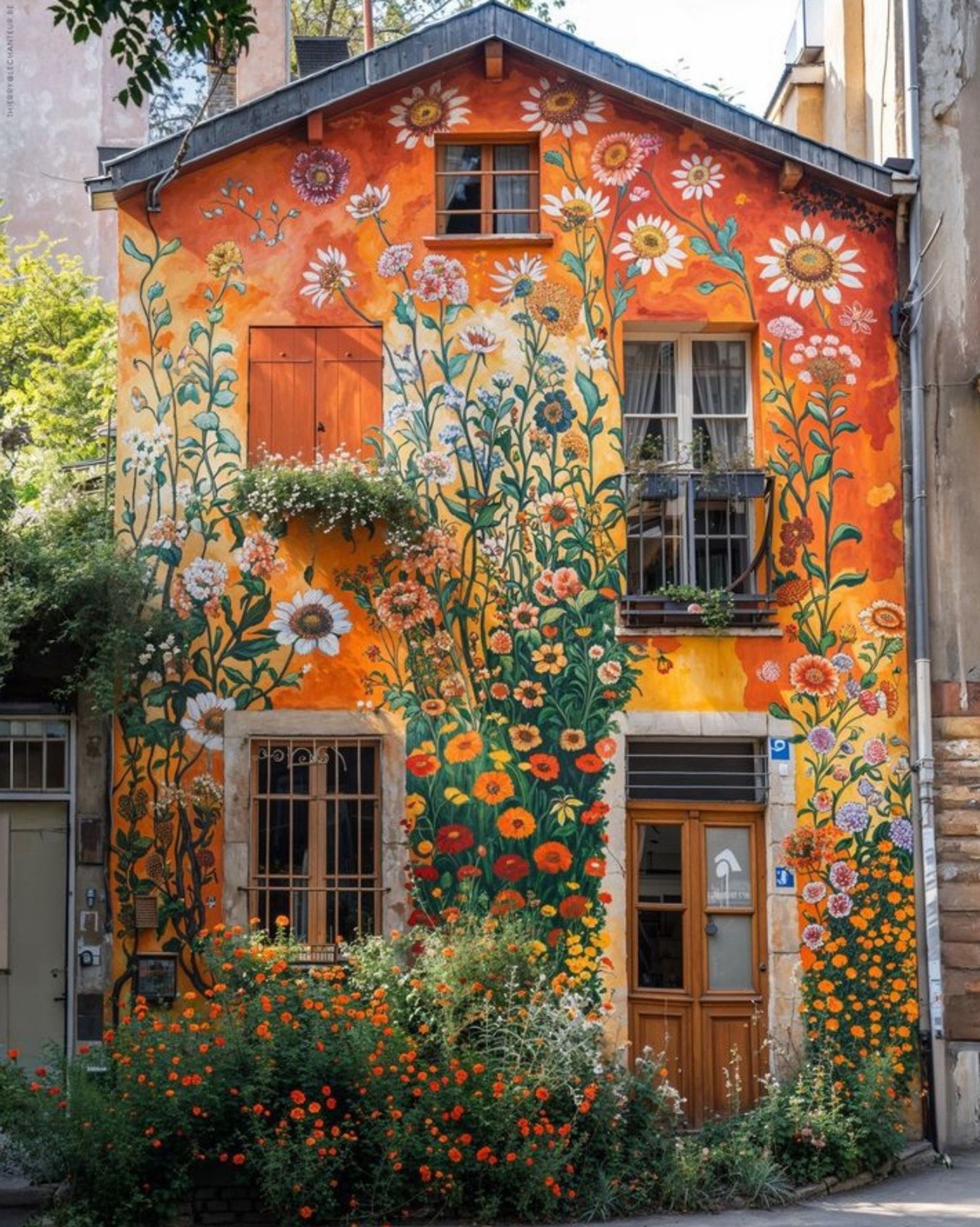 Façade fleurie orange de Thierry L’Enchanteur