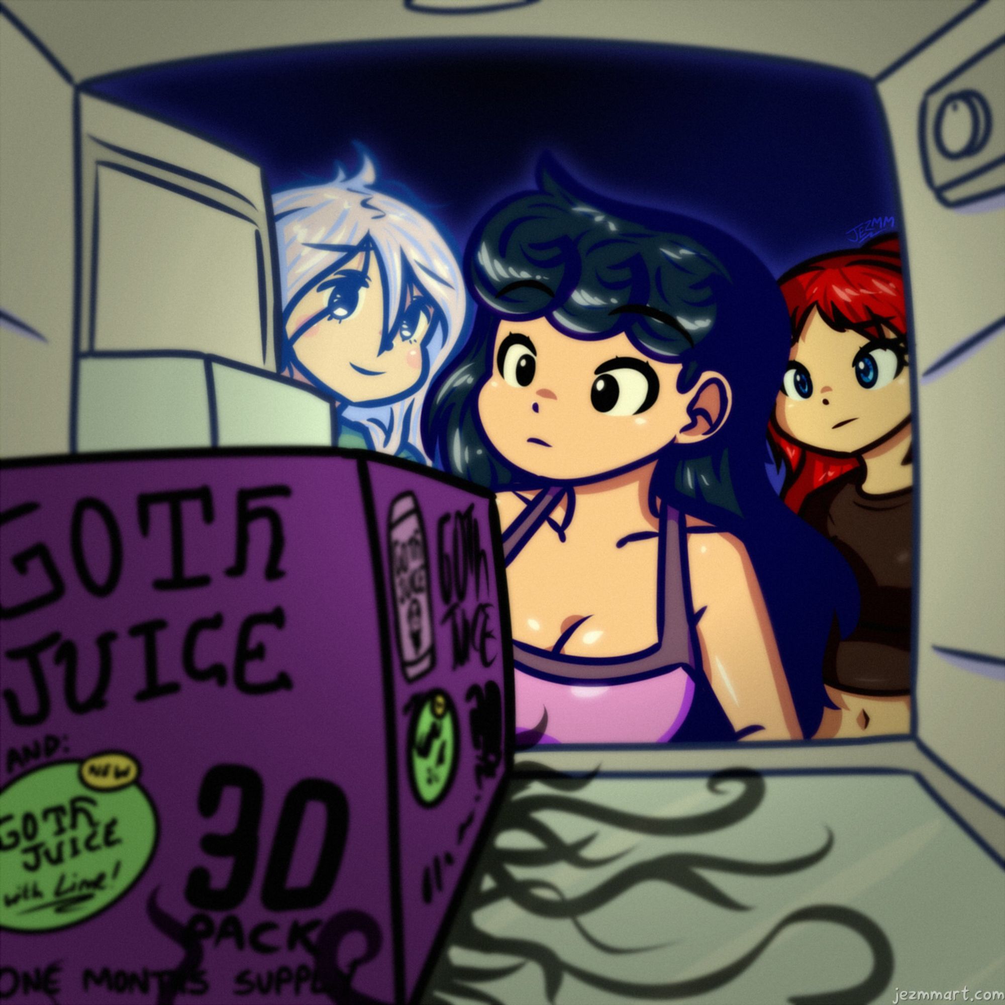 Cartoon illustration of my original characters, Izzzy, Chamomile and Alice, looking into a fridge, empty but for a large 30 pack of Goth Juice cans.  They're looking in with mild curiosity, as wispy black tendrils ooze from the underside of the box.  The box also advertises itself cheerily as also containing some cans of New Goth Juice with Lime.