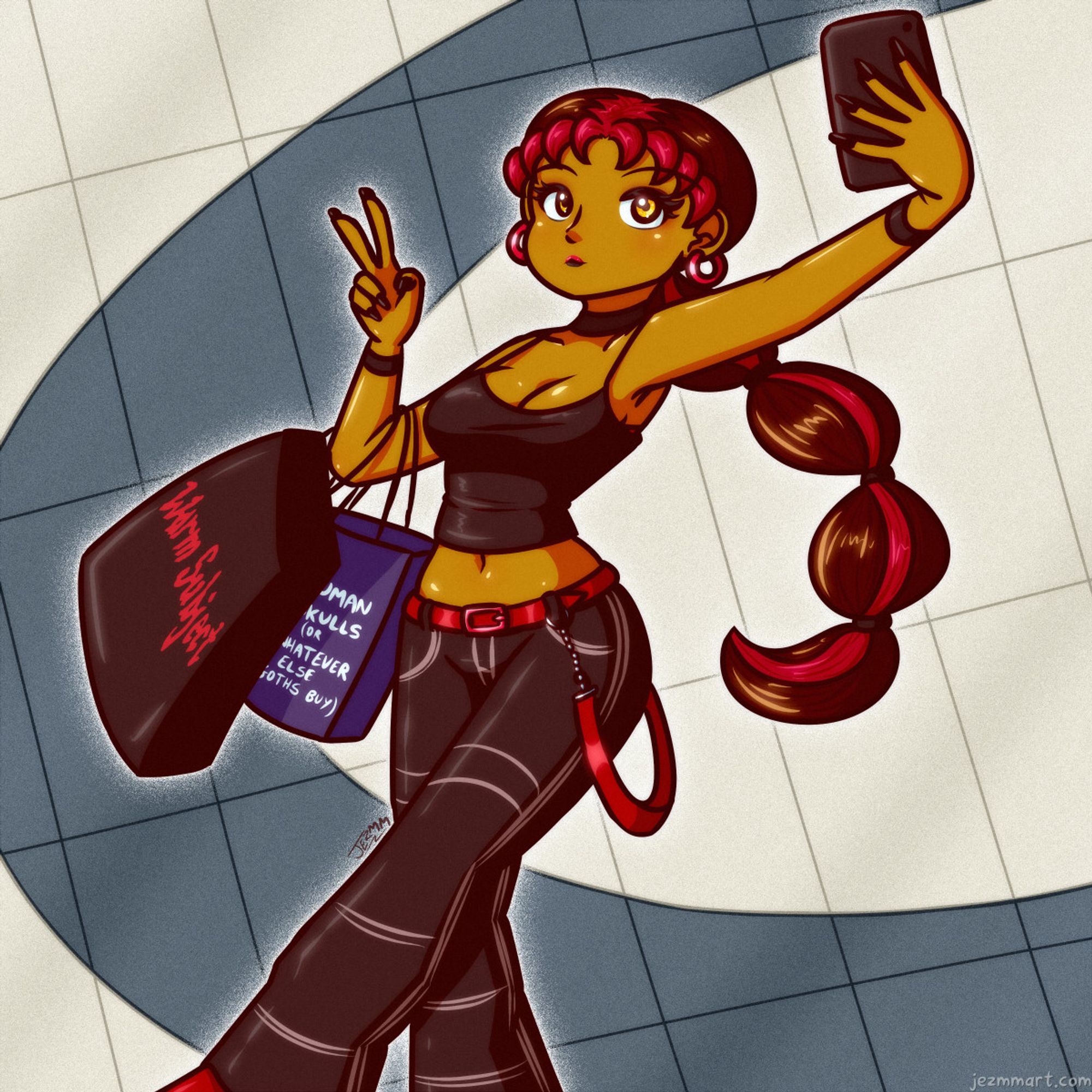 Cartoon pin-up illustration of my original character Rani. She is a tall, slim woman with long brown hair and olive skin.  Her she is depicted with red sections dyed into her hair and a mall goth outfit consisting of a black tank top, black baggy jeans and red belt and earrings.  She's posing with a peace sign as she takes a selfie with her phone, and has two shopping bags hanging from her arm, one from a store called "Warm Subject", its font parodying the Hot Topic logo, and one that is partially covered but appears to just have plain text on it saying "Human Skulls" followed by in parenthesies, "(Or whatever else goths buy").