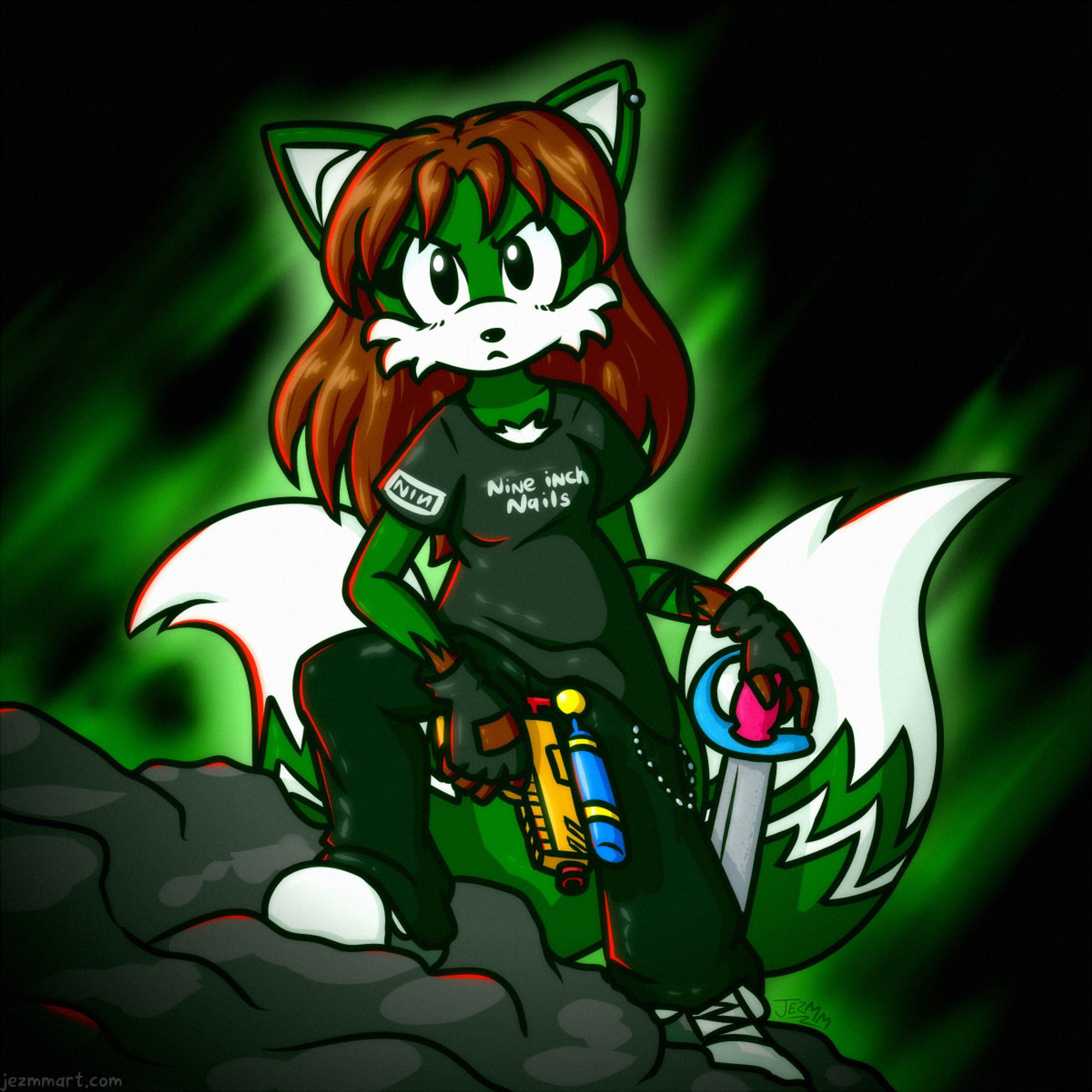 Cartoon illustration of my Sonic fan character Jezica. She's a female, slightly more anthromorphised green recolour of Tails with a full head of brown hair. Here she is posing in a manner directly referencing a well-known artwork from the early 2000's by artist Jay Axer, which depicted a badass looking older Tails posing sternly with a handgun and katana in an all black outfit including a Nine Inch Nails t-shirt.  Jezica's outfit, pose and mood all match the original, although she has a brightly coloured water pistol and a foam toy pirate sword.