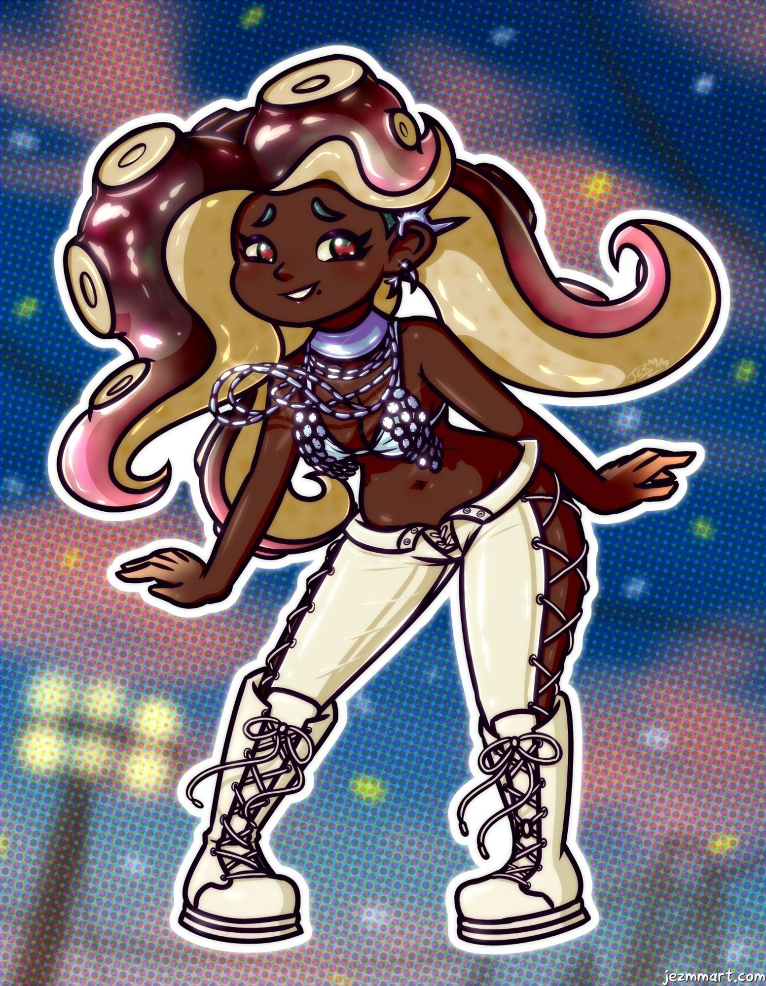 Cartoon pin-up illustration of Marina from Splatoon, in her Grand Festival outfit from Splatoon 3. She is in a simple but energetic pose and overlaid on a vague background of the sunset sky above the Grand Festival.