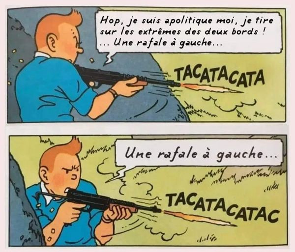 Blague de Tintin sur deux cases.

Dans la première case, il tire au fusil en disant « Hop, je suis apolitique moi, je tire sur les extrêmes des deux bords !
Une rafale à gauche... »

Dans la deuxième case, il tire également, en disant « Une rafale à gauche… »