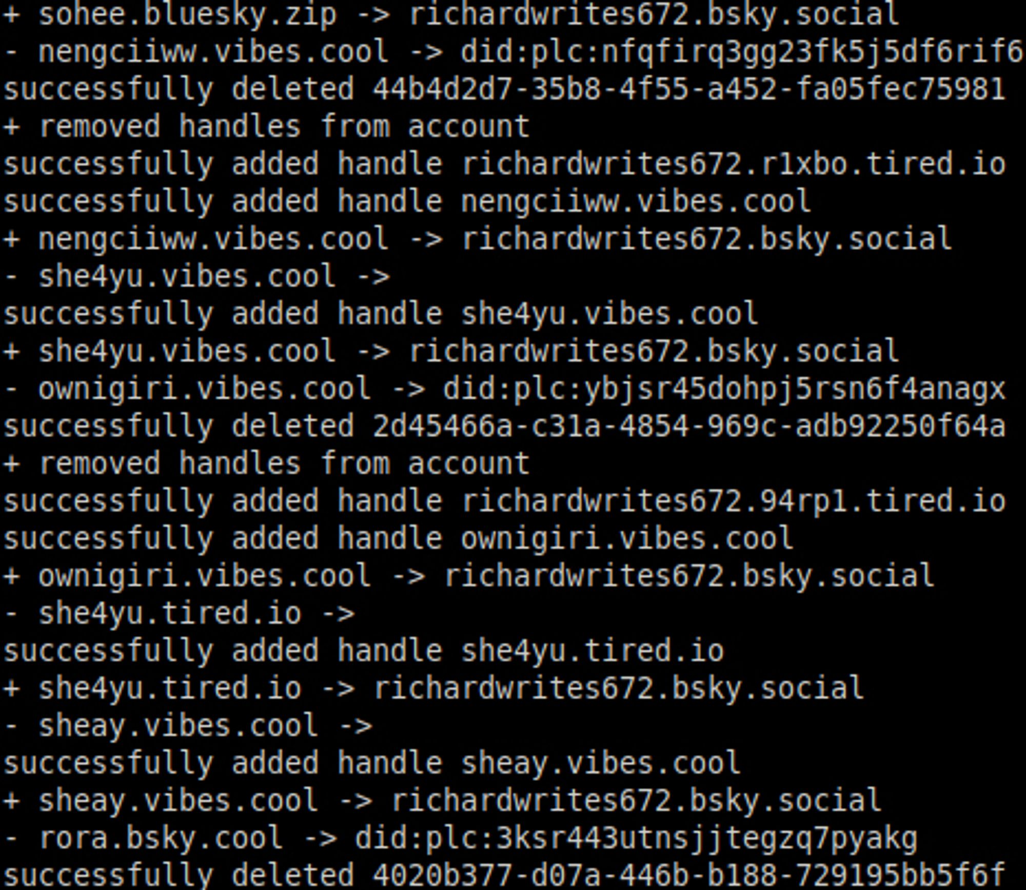 A log output showing various usernames on skyna.me being redirected to richardwrites672.bsky.social.