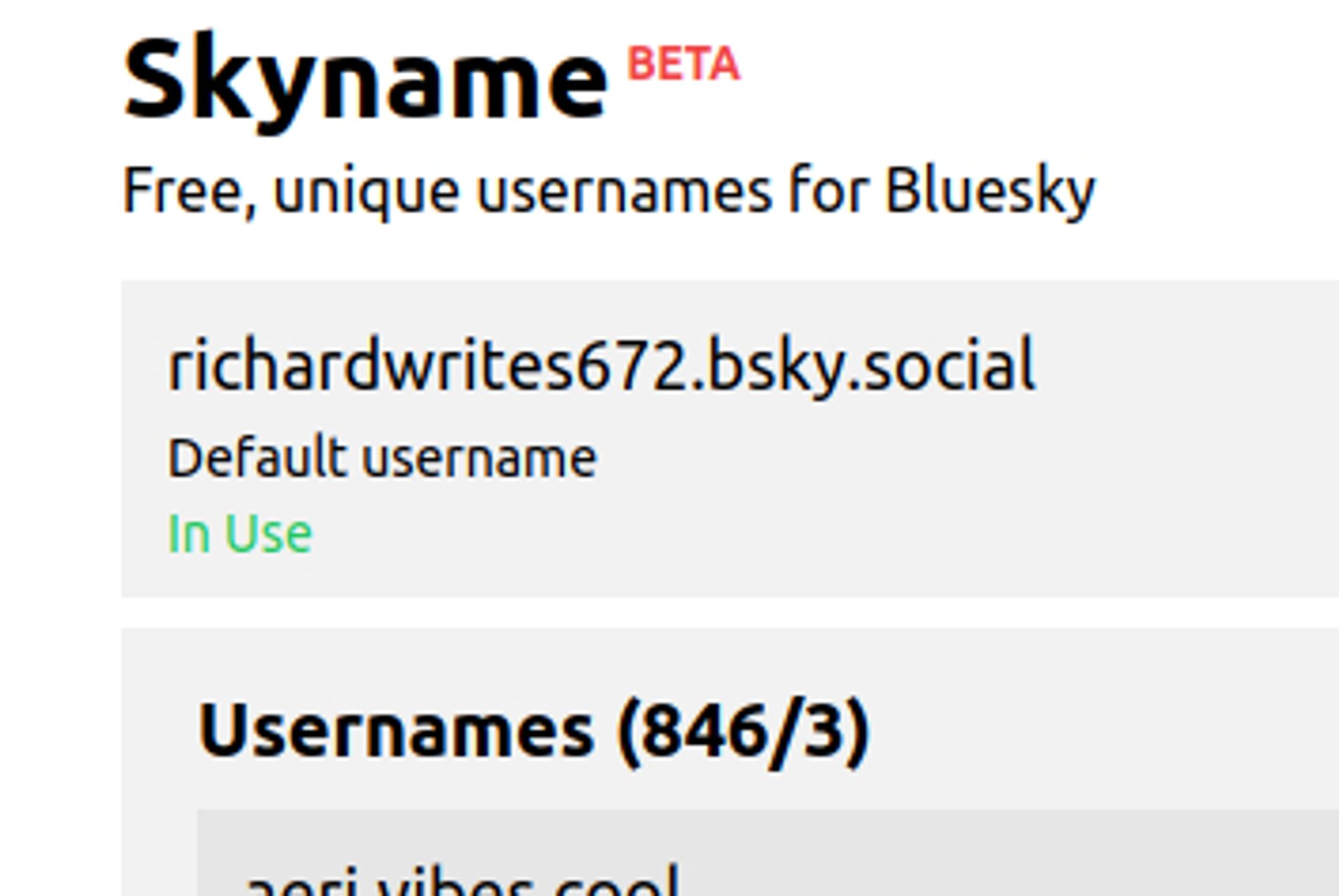 The skyname web portal, showing richardwrites672.bsky.social having 846 usernames linked to the account.