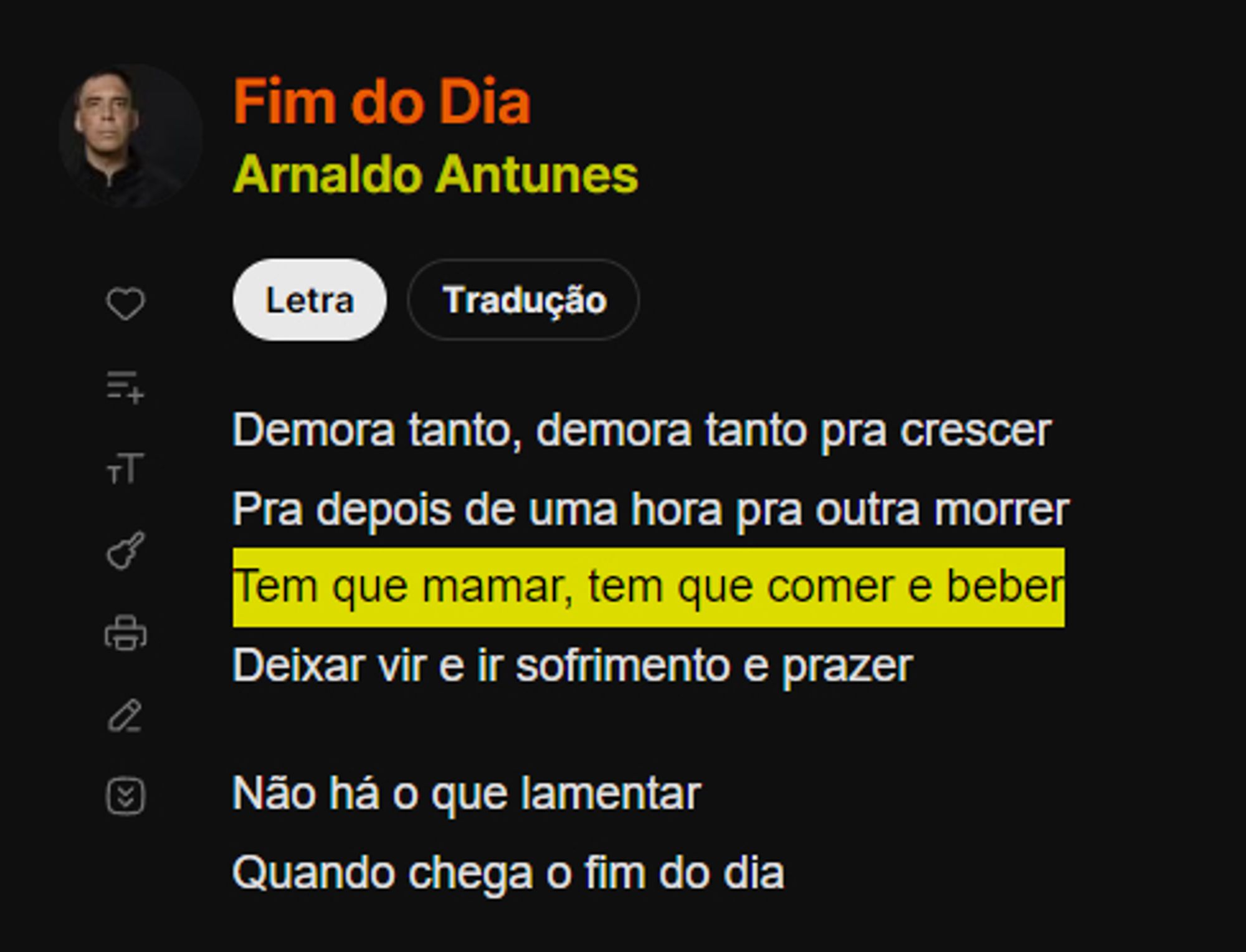 página de letra de música, fundo preto. foto do artista, homem branco cabelo preto sem barba roupa preta

Fim do Dia
Arnaldo Antunes

Letra Tradução

Demora tanto, demora tanto pra crescer
Pra depois de uma hora pra outra morrer
[grifo] Tem que mamar, tem que comer e beber [fim do grifo]
Deixar vir e ir sofrimento e prazer

Não há o que lamentar
Quando chega o fim do dia