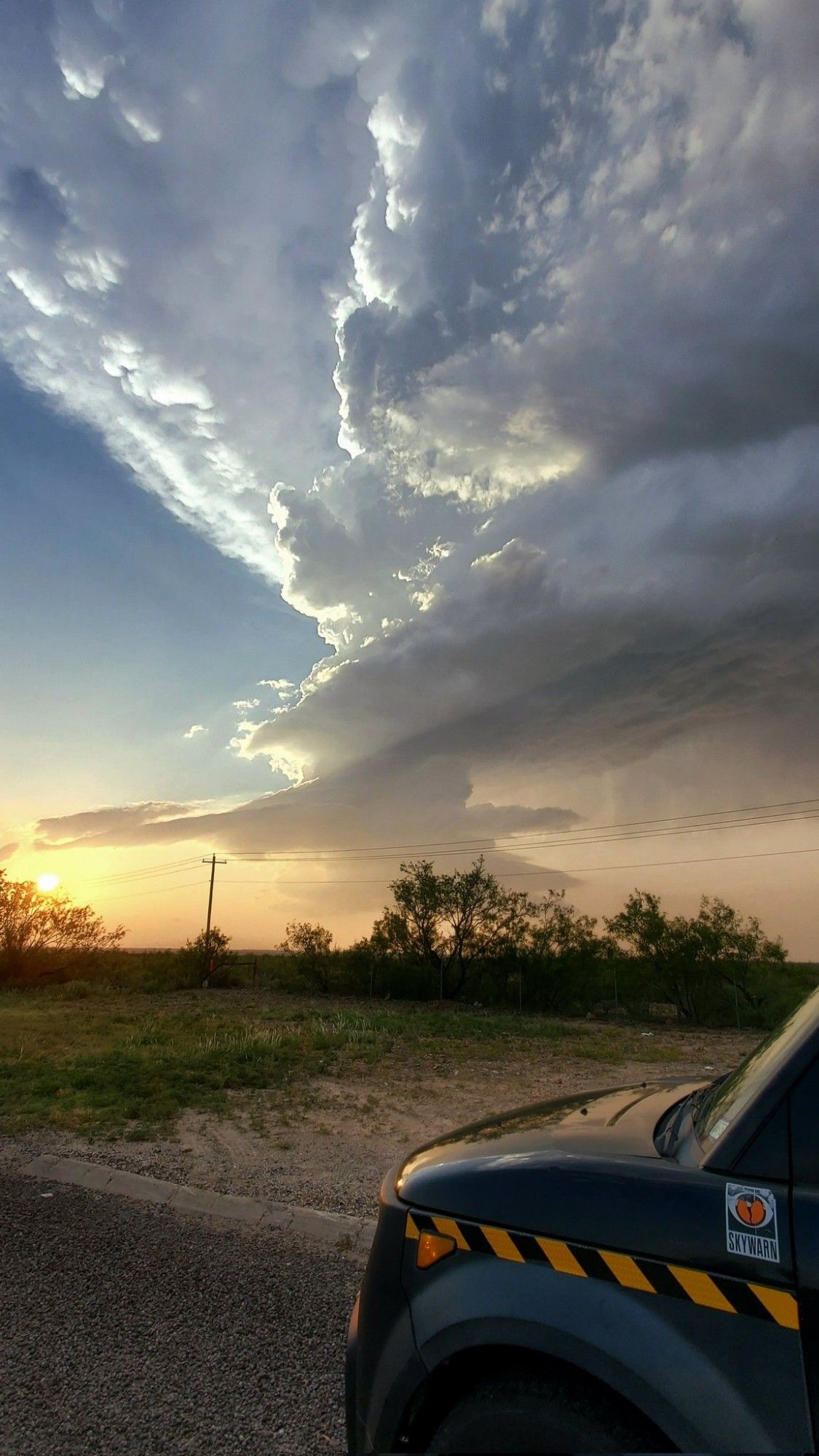 Low-precipitation supercell updraft dying off against a dusty sunset in far west Texas. Sparse trees dot the midground horizon with the nose of the chase vehicle visible in the foreground reflecting the oranges of the sunset in the hood