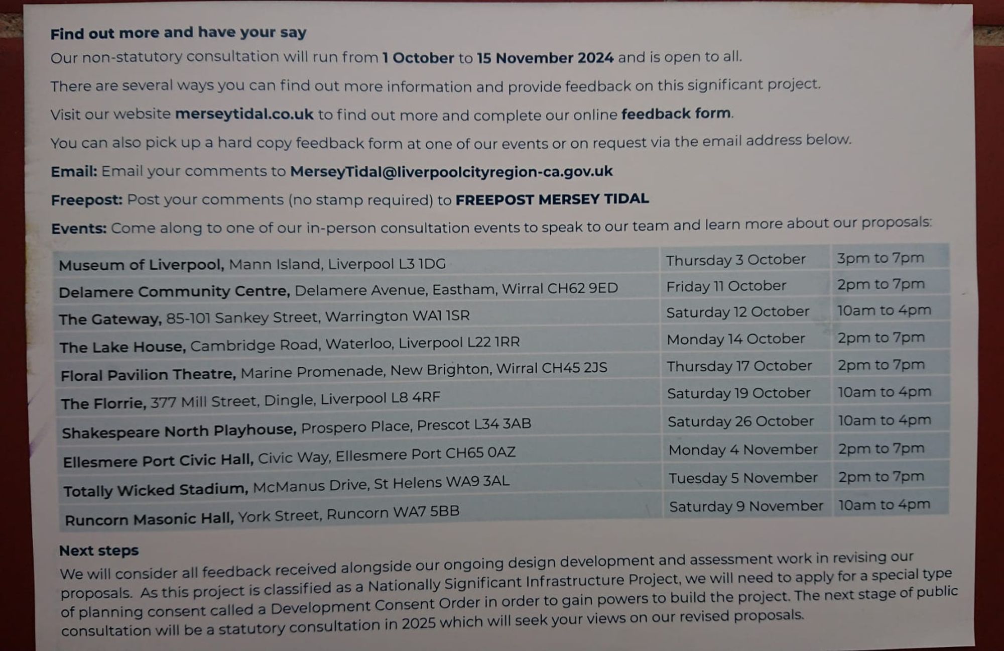 Back of the leaflet about the proposed Mersey tidal barrage scheme, including dates and places where the public can find out more information.