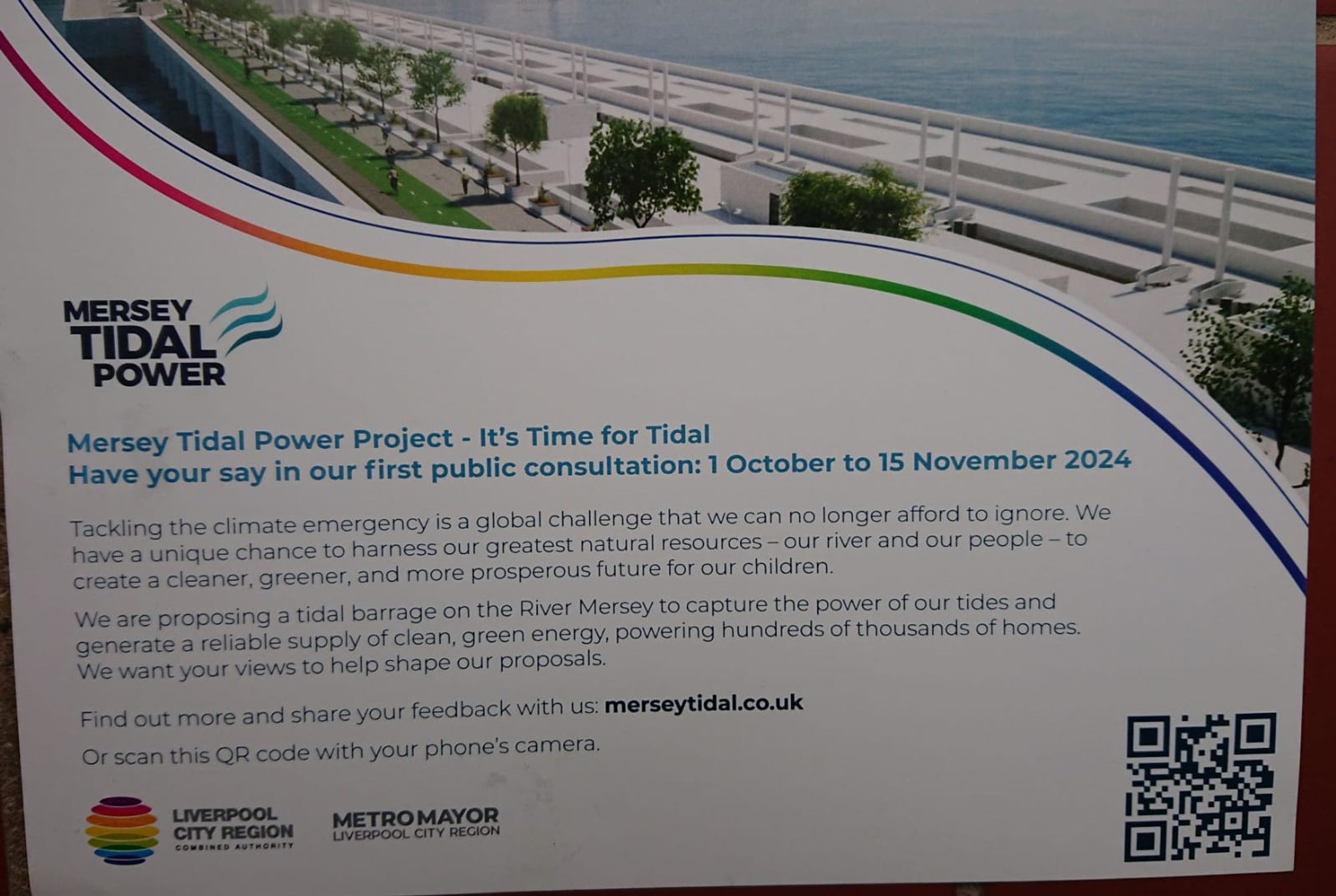 Front of a leaflet from Liverpool City Region Combined Authority and the Metro Mayor about the proposed Mersey tidal barrage scheme. Public consultation opens 1st October.