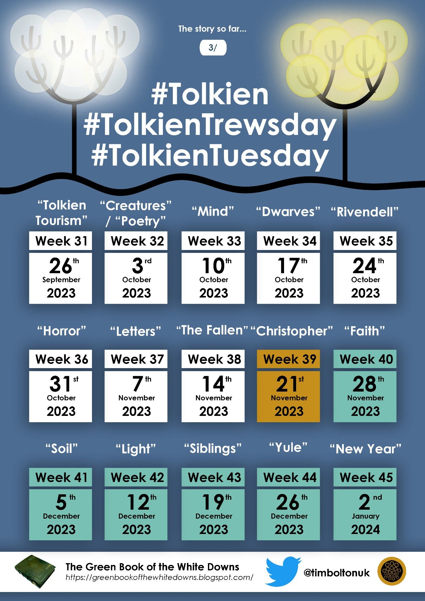 Calendar for Tolkien Trewsday, full text can be found here: https://greenbookofthewhitedowns.blogspot.com/2023/02/introducing-tolkien-trewsday.html