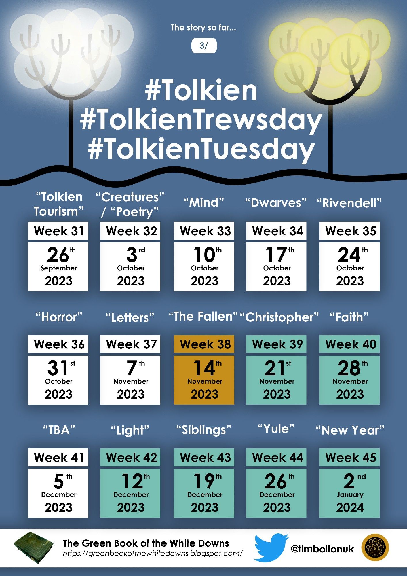 Calendar for Tolkien Trewsday, full text can be found here: https://greenbookofthewhitedowns.blogspot.com/2023/02/introducing-tolkien-trewsday.html