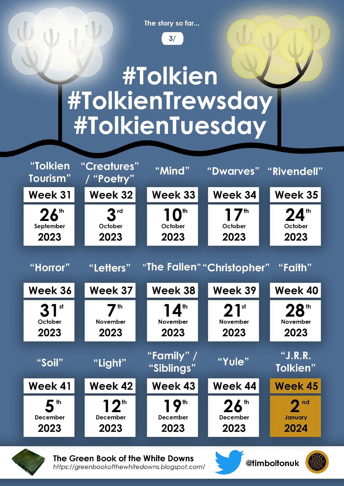 Calendar for Tolkien Trewsday, full text can be found here: https://greenbookofthewhitedowns.blogspot.com/2023/02/introducing-tolkien-trewsday.html