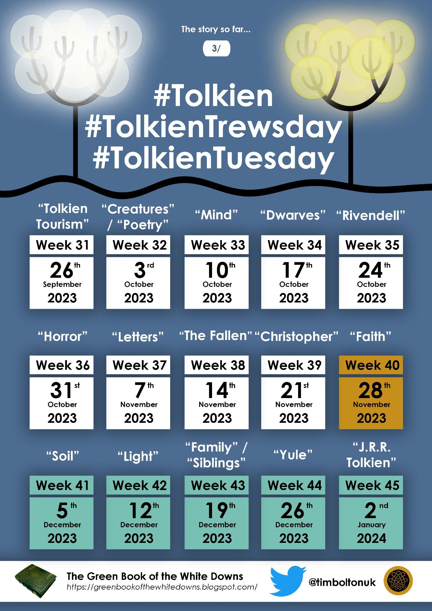 Calendar for Tolkien Trewsday, full text can be found here: https://greenbookofthewhitedowns.blogspot.com/2023/02/introducing-tolkien-trewsday.html