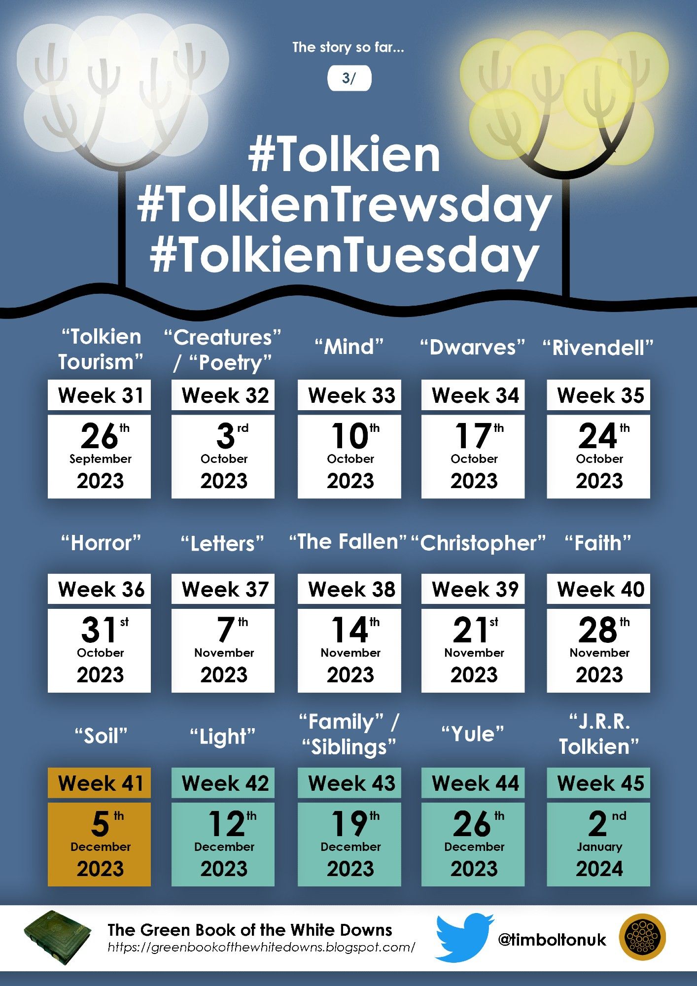 Calendar for Tolkien Trewsday, full text can be found here: https://greenbookofthewhitedowns.blogspot.com/2023/02/introducing-tolkien-trewsday.html