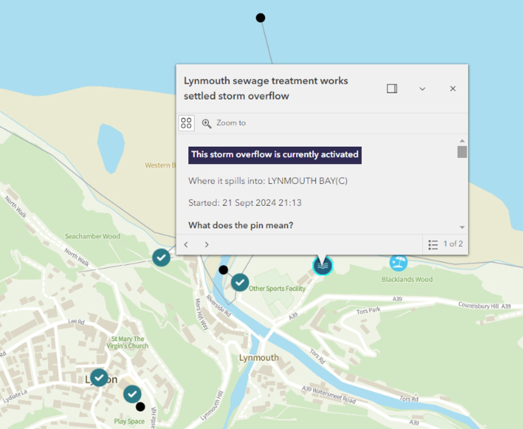 South West Water's "WaterFit Live" map of Lynmouth, Devon on the evening of September 21st 2024