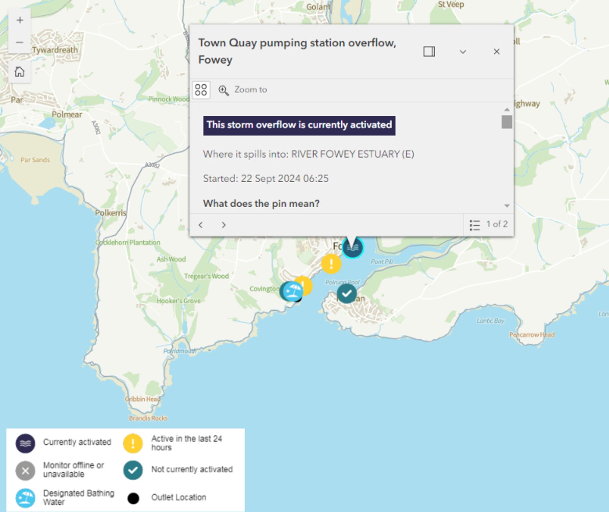 South West Water's "WaterFit Live" map of Readymoney Cove, Cornwall on the morning of September 22nd 2024