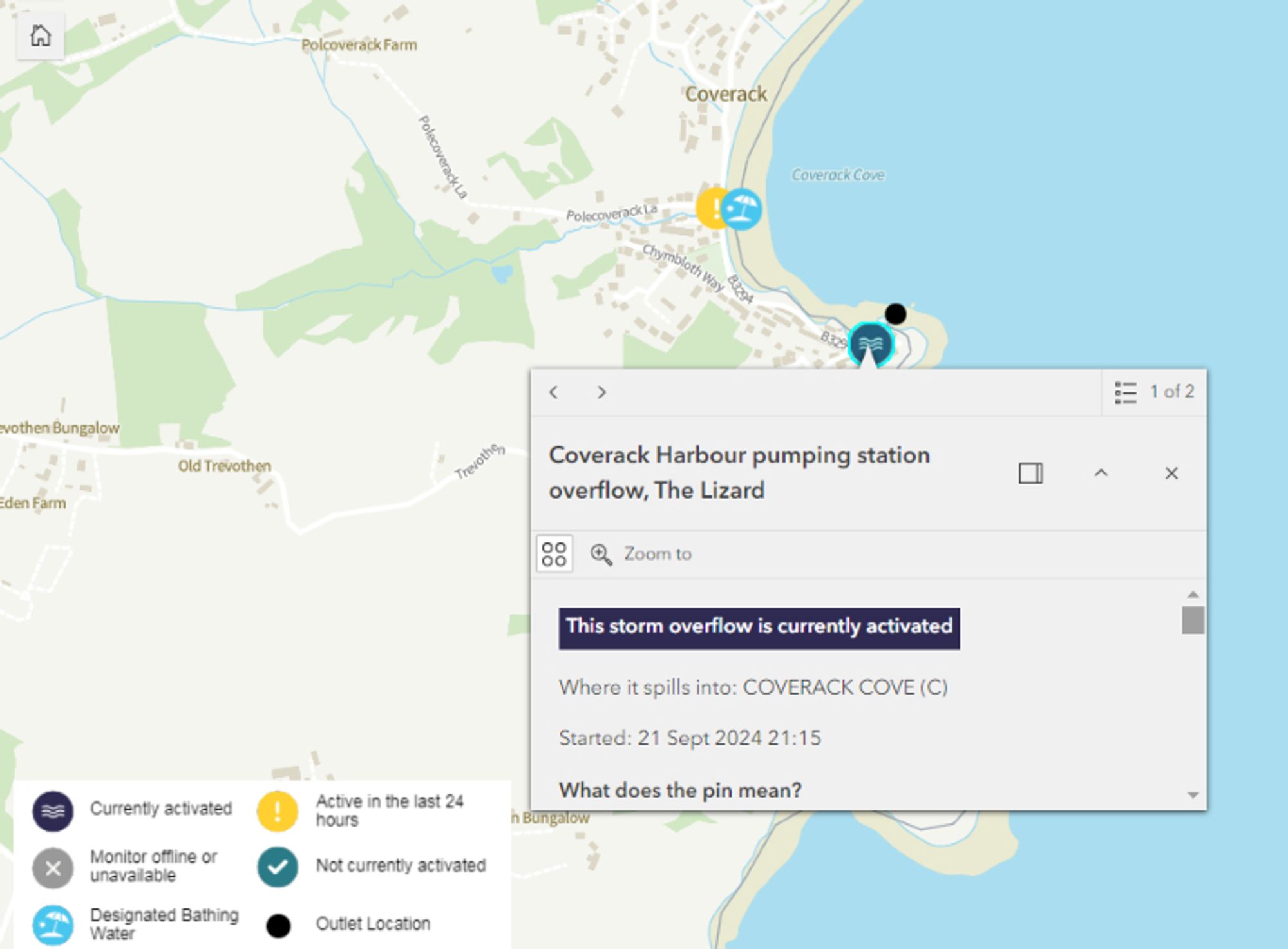 South West Water's "WaterFit Live" map of Coverack, Cornwall on the evening of September 21st 2024