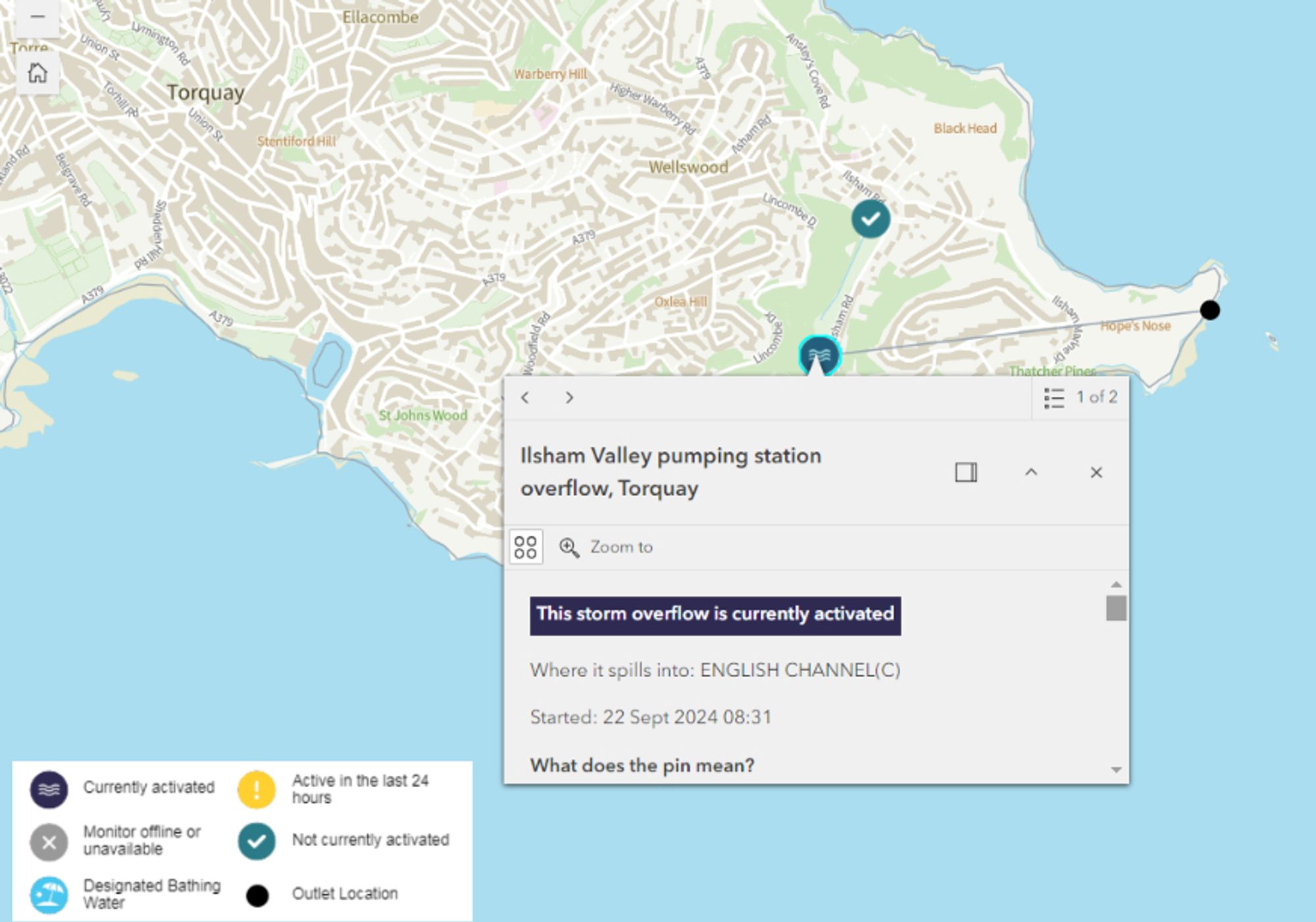 South West Water's "WaterFit Live" map of Meadfoot Beach in Torbay on the morning of September 22nd 2024