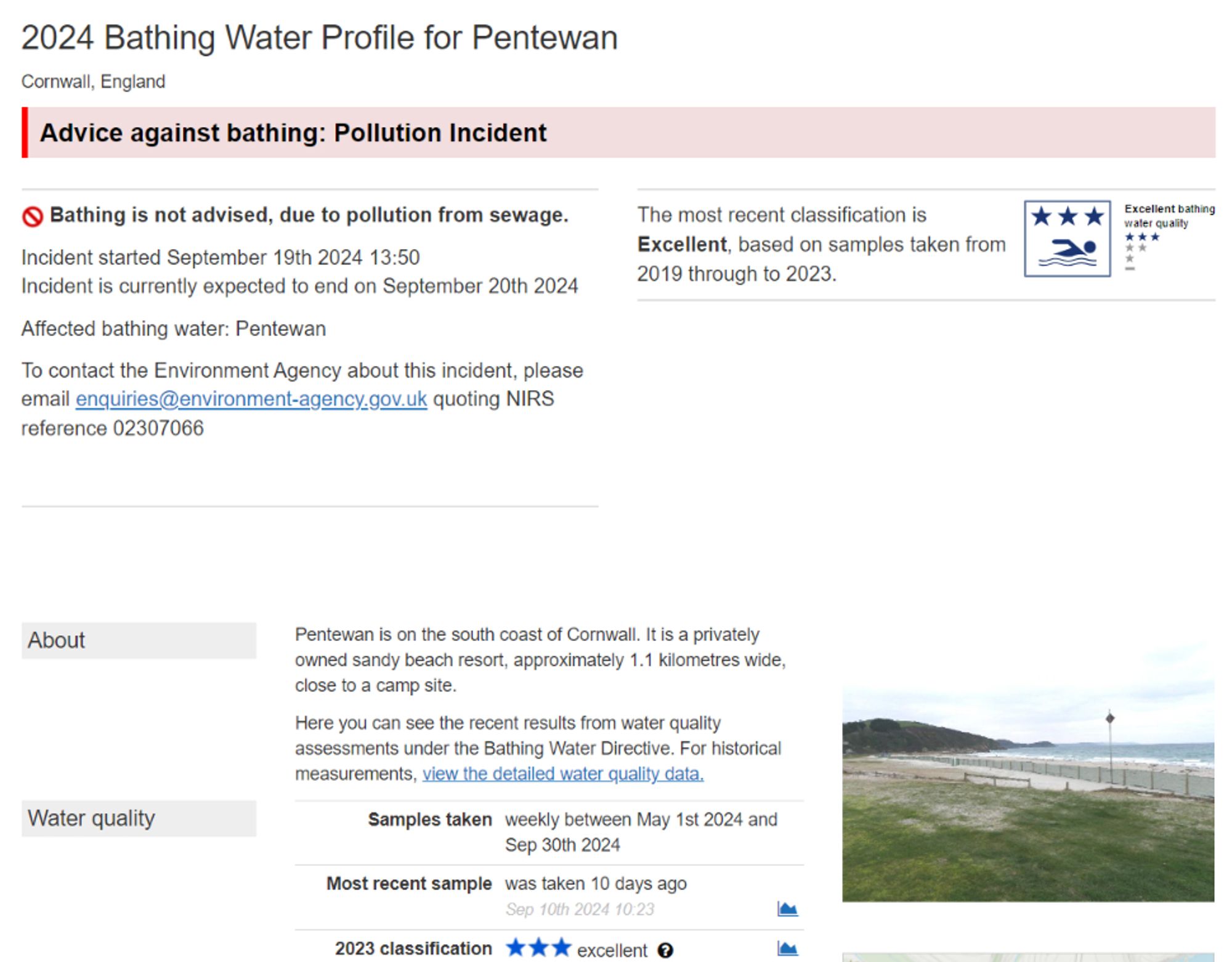 UK Environment Agency “advice against bathing” due to “pollution from sewage” at Pentewan, Cornwall on September 20th 2024