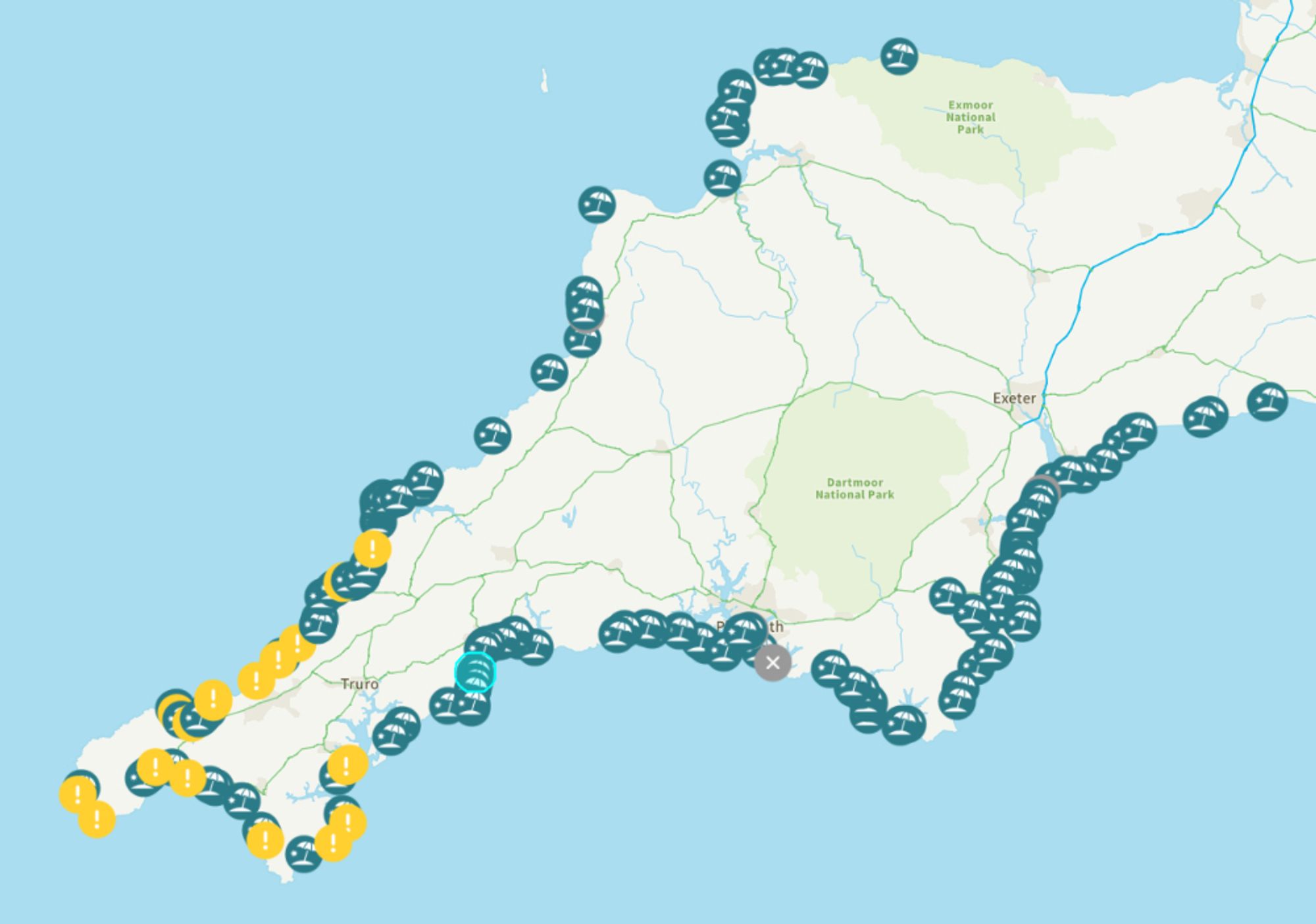 South West Water's "WaterFit Live" map of sewage overflows around the coast of Devon and Cornwall on the afternoon of September 21st 2024