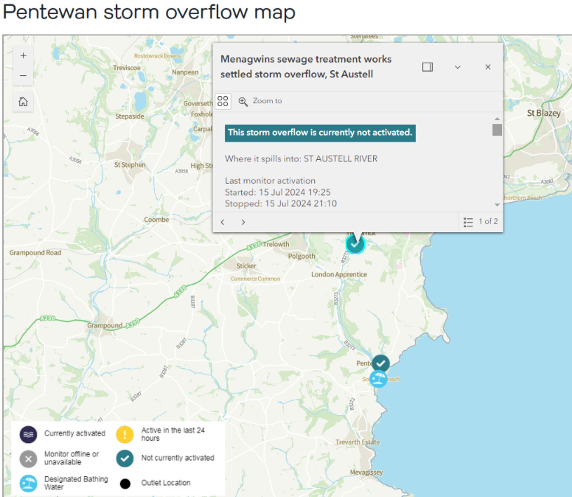 South West Water’s WaterFit Live map for Pentewan, Cornwall on September 20th 2024