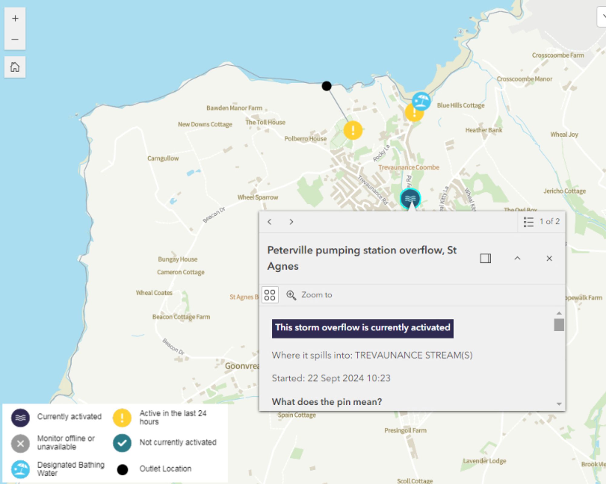 South West Water's "WaterFit Live" map of Trevaunance Cove, Cornwall on the morning of September 22nd 2024