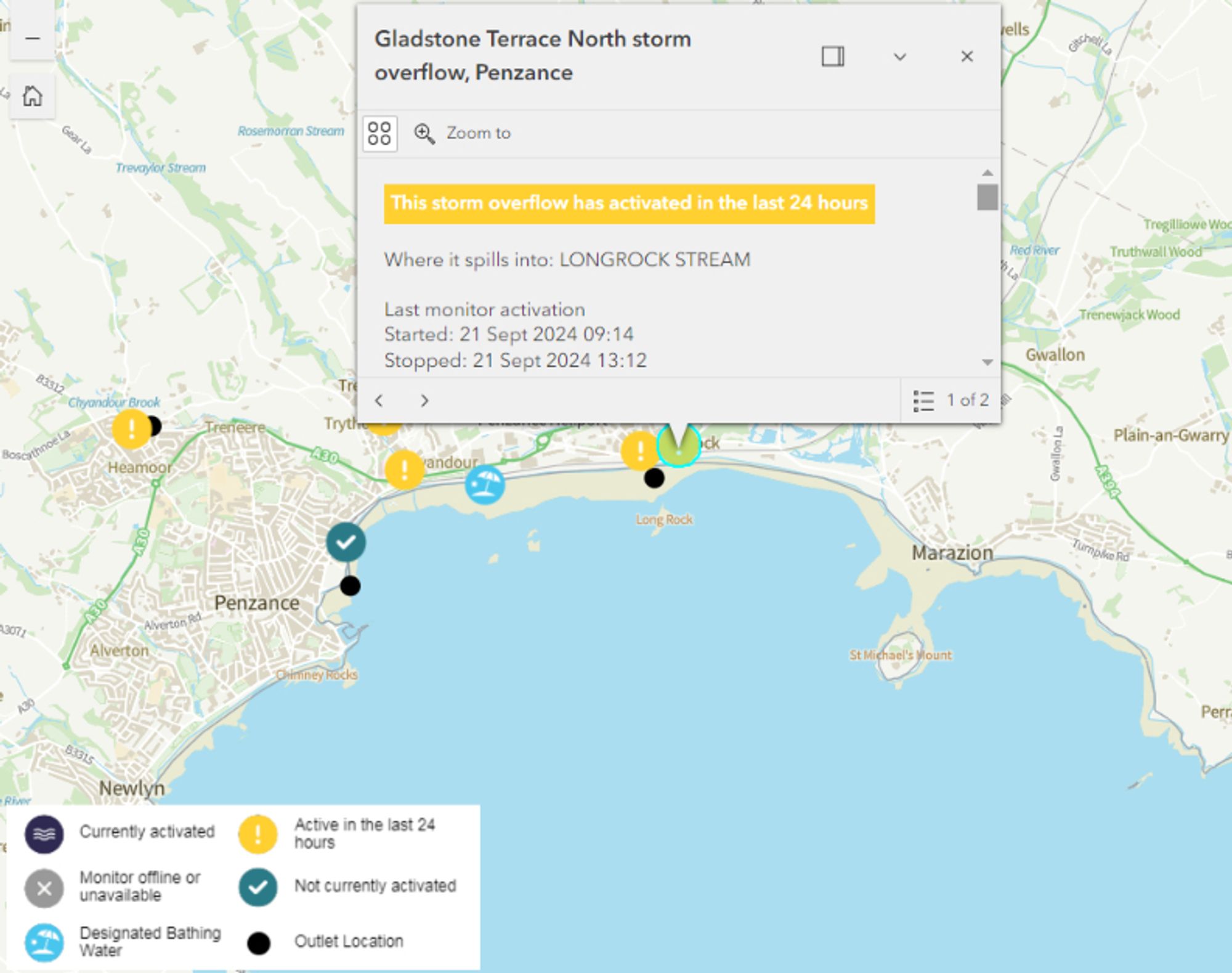 South West Water's "WaterFit Live" map of Penzance, Cornwall on the afternoon of September 21st 2024