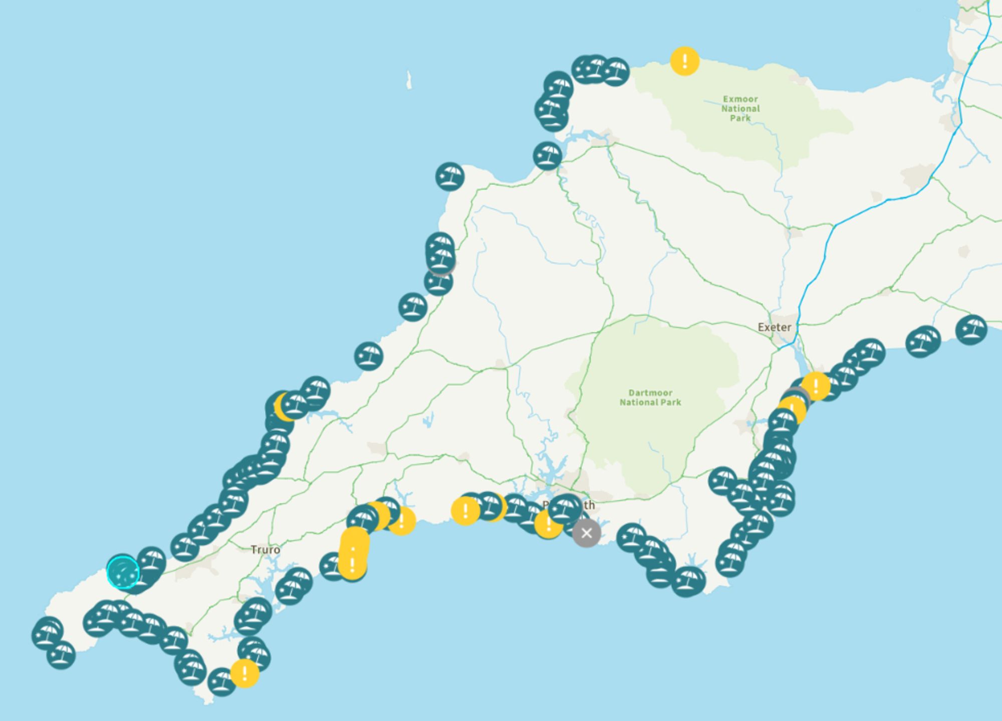 South West Water's "WaterFit Live" map of sewage overflows around the coast of Devon and Cornwall on the morning of September 22nd 2024