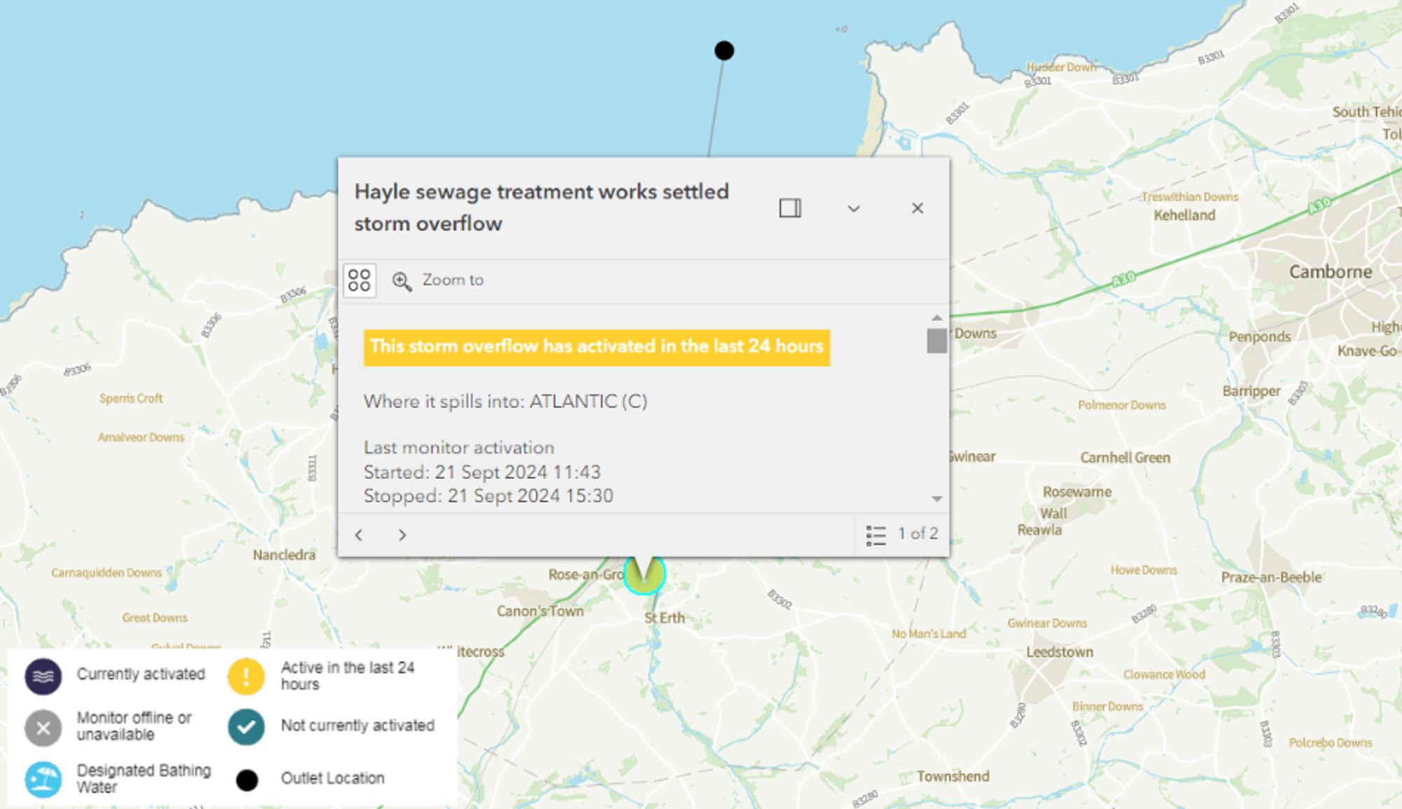 South West Water's "WaterFit Live" map of Porthkidney Beach, Cornwall on the afternoon of September 21st 2024