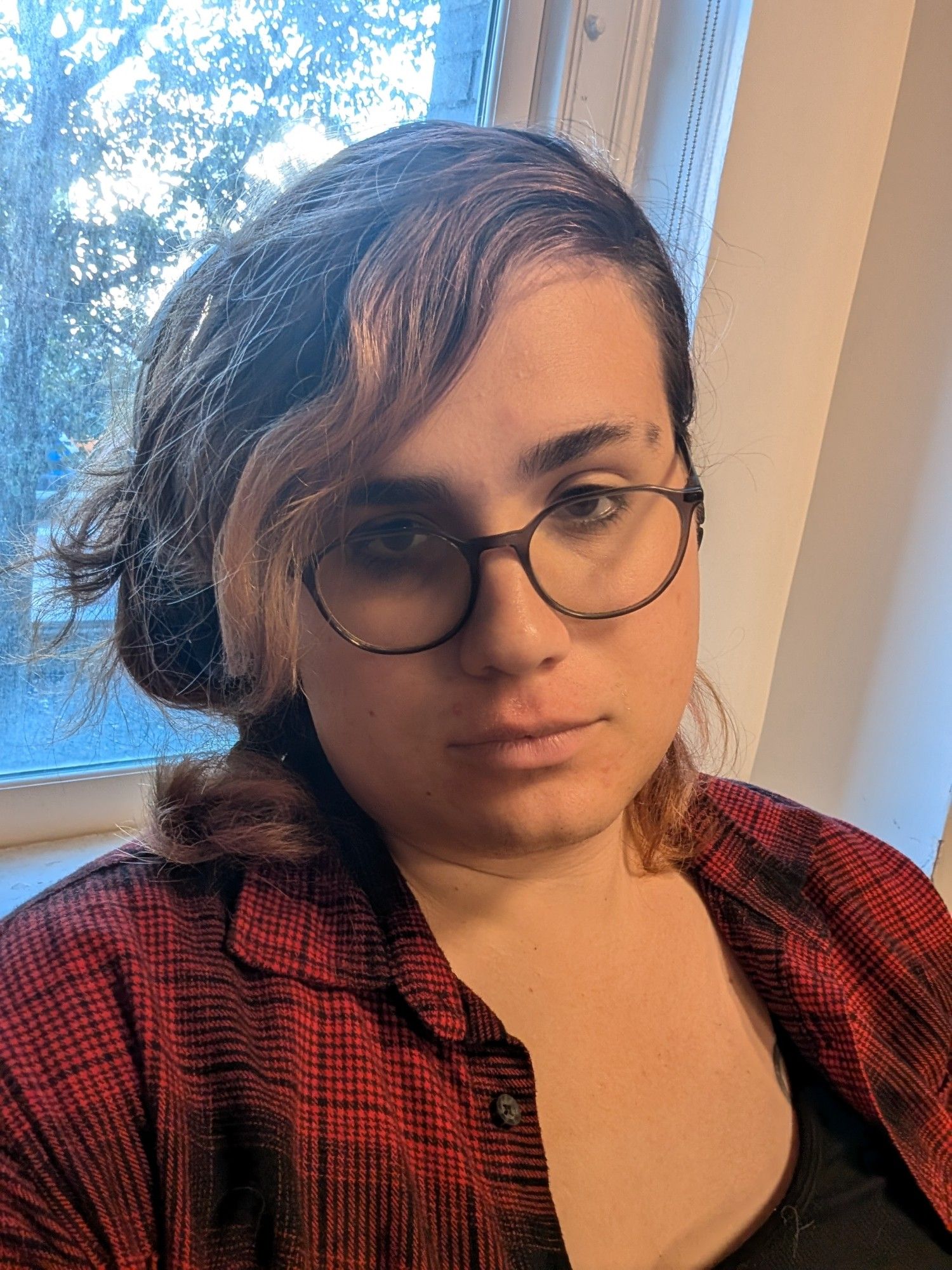 A selfie of me in a black tank top and red flannel. My hair is pulled to the side. My expression is a hollow blankness, looking directly at the camera