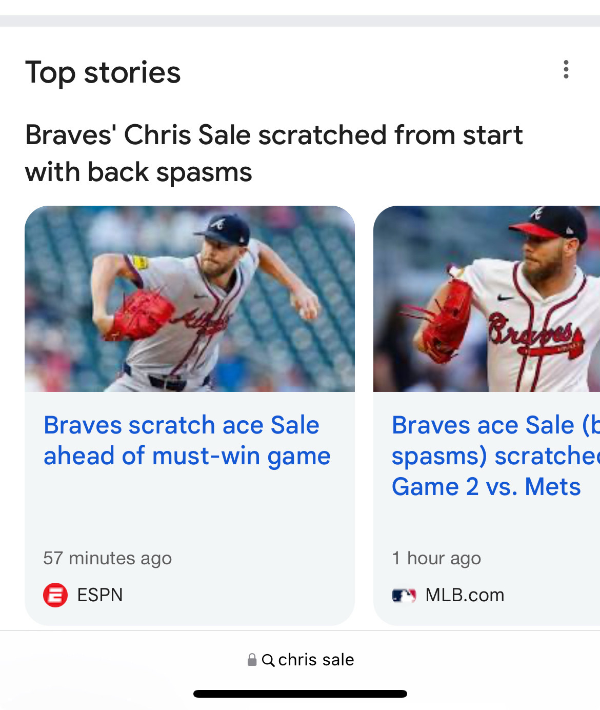 Screenshot of headlines saying Atlanta Braves pitcher Chris Sale was scratched for his start in a must-win game against the New York Mets due to back spasms.