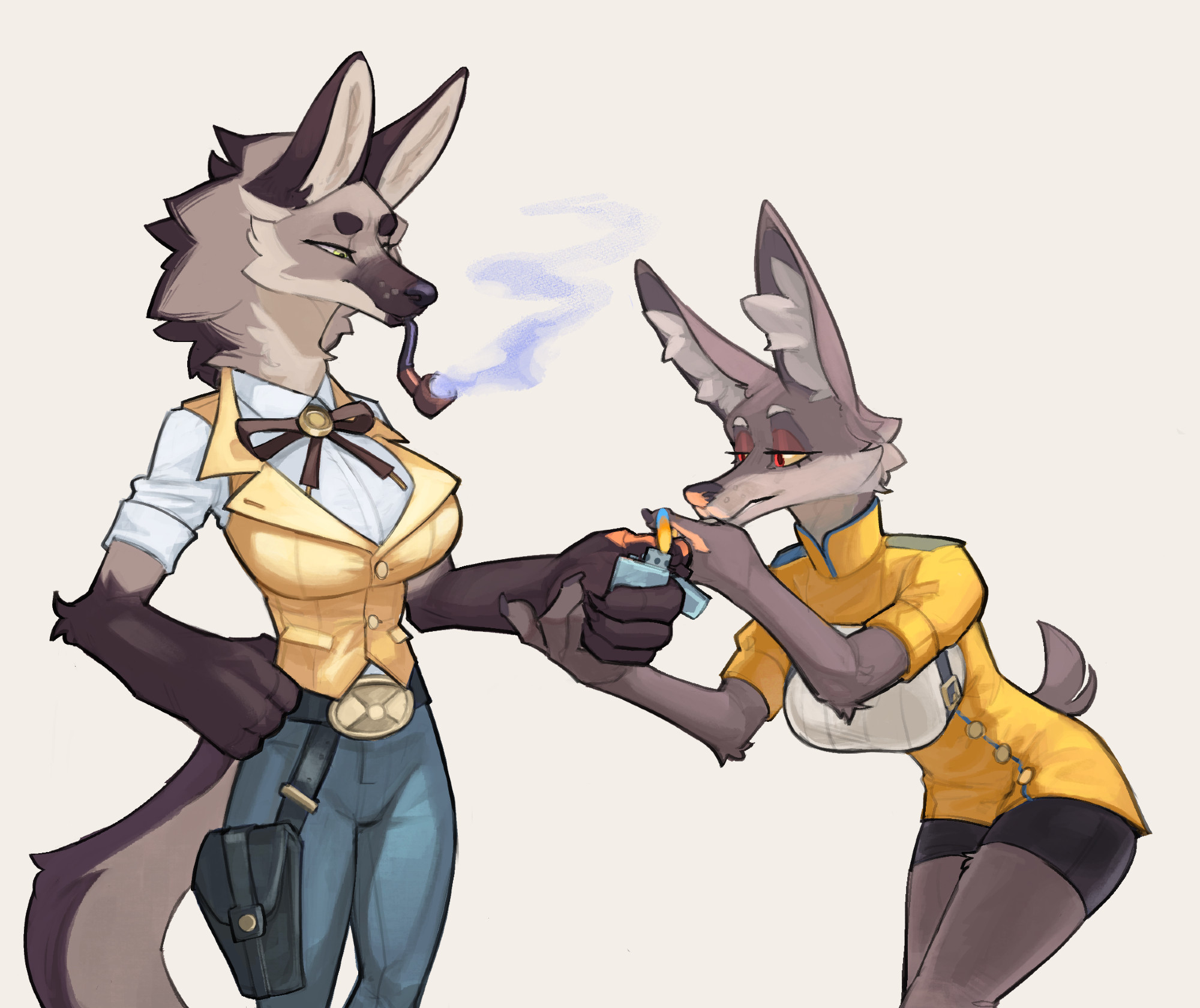 My character Armistice (left) sharing a smoke with Foxtoad's character Faygo.