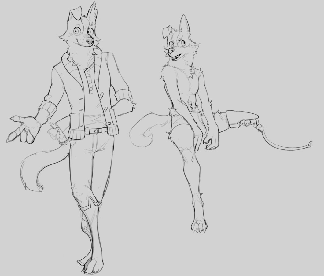 anthropomorphic border collie man with a prosthetic leg