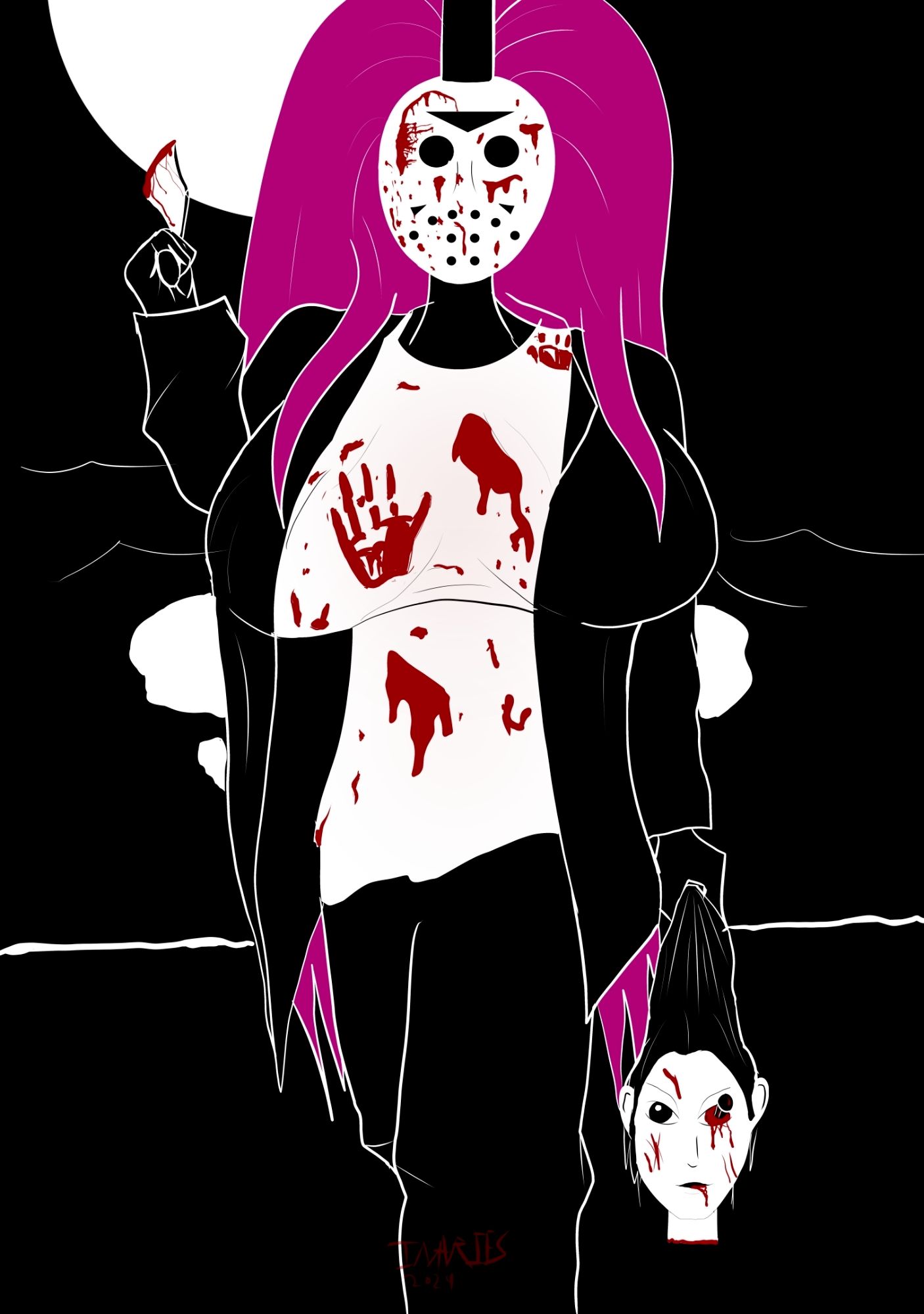 Jezi the 13th magenta/pink hair black and white and red all over Jason Vorhees crossover with Jezi from Breacherz big boobs and a severed head cartoonish