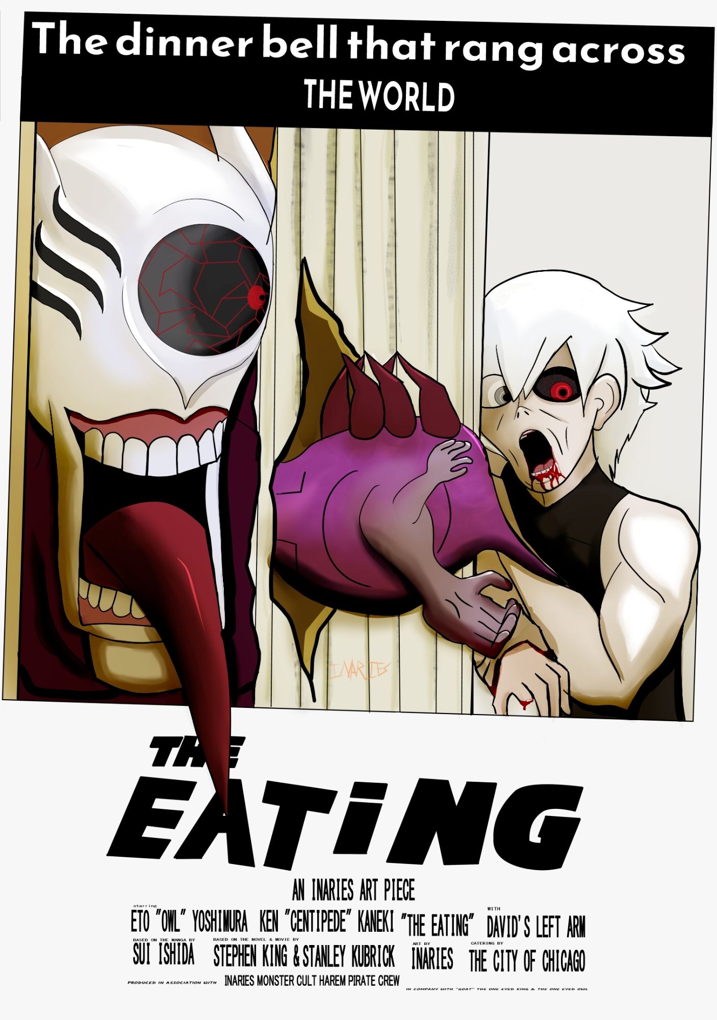 A poster cross over of Ken kaneki and Eto Yoshimura recreating the shining poster as a parody ken white hair as Mrs Torrence and the one eyes owl as Jack called the eating.