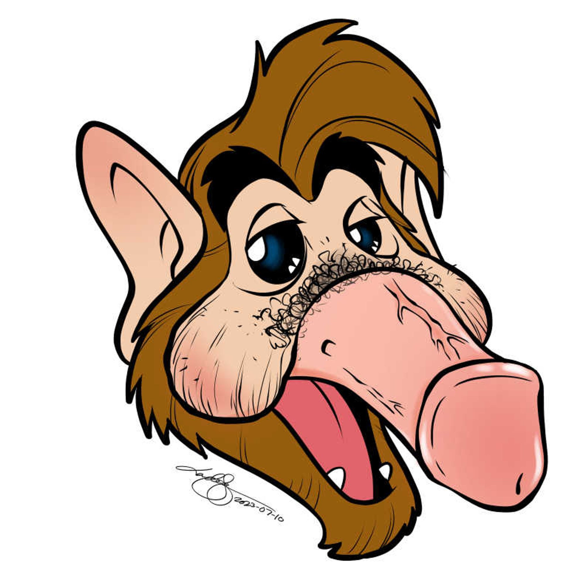 illustration of alf the aliens head but his nose is a pink circumsised penis and his cheeks are scrotum and there’s pubes where they meet 