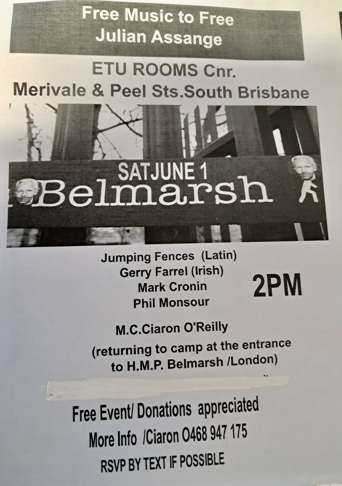 Image contains details of the Free Music to Free Julian Assange event. Venue is the E.T.U. Rooms at the corner of Merivale and Peel Streets, South Brisbane. Musicians include Phil Monsour, Gerry Farrell and Jumping Fences.