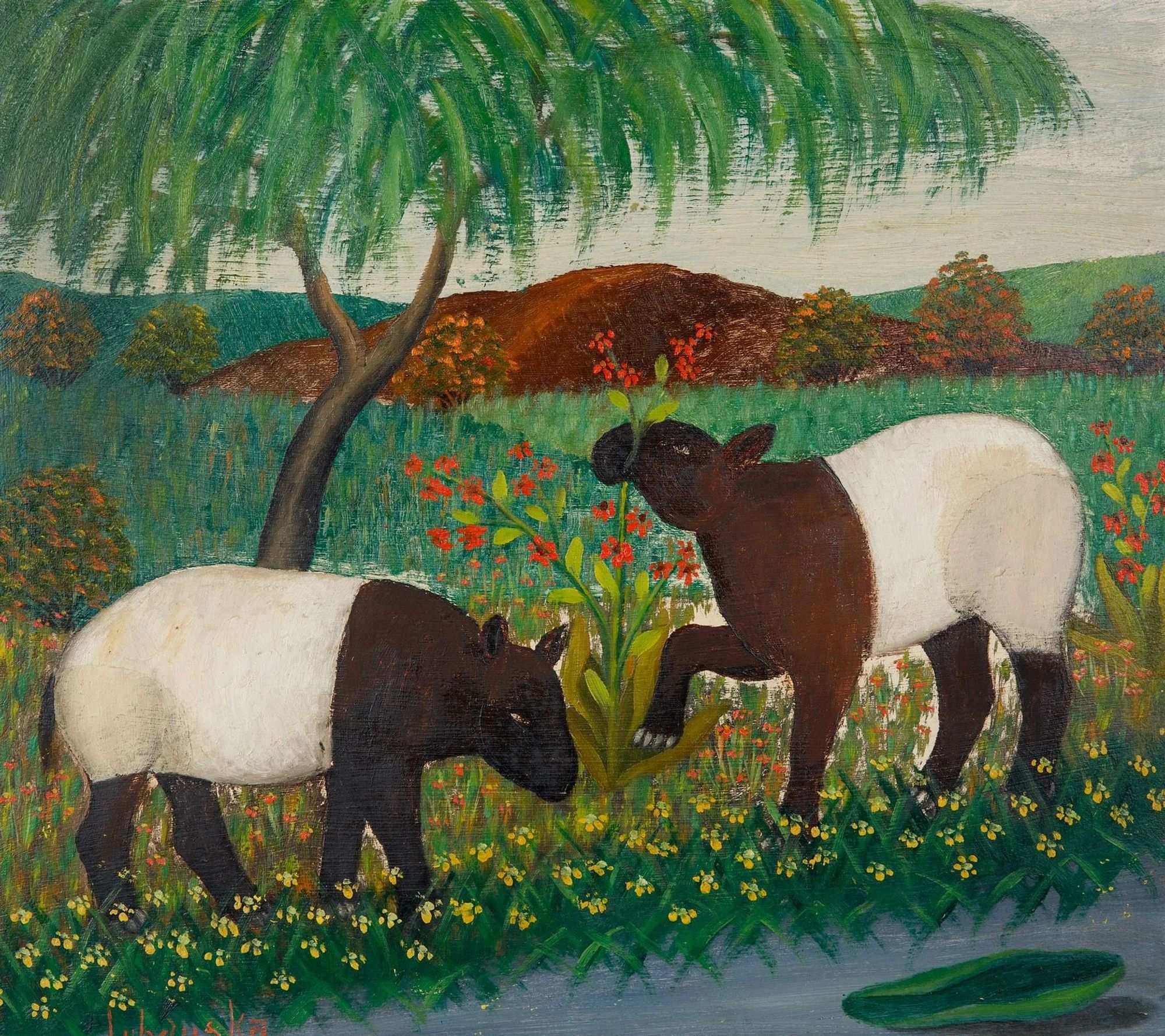 painting of a pair of black and white Malayan tapirs in a waterside landscape, grazing on flowers under a large tree