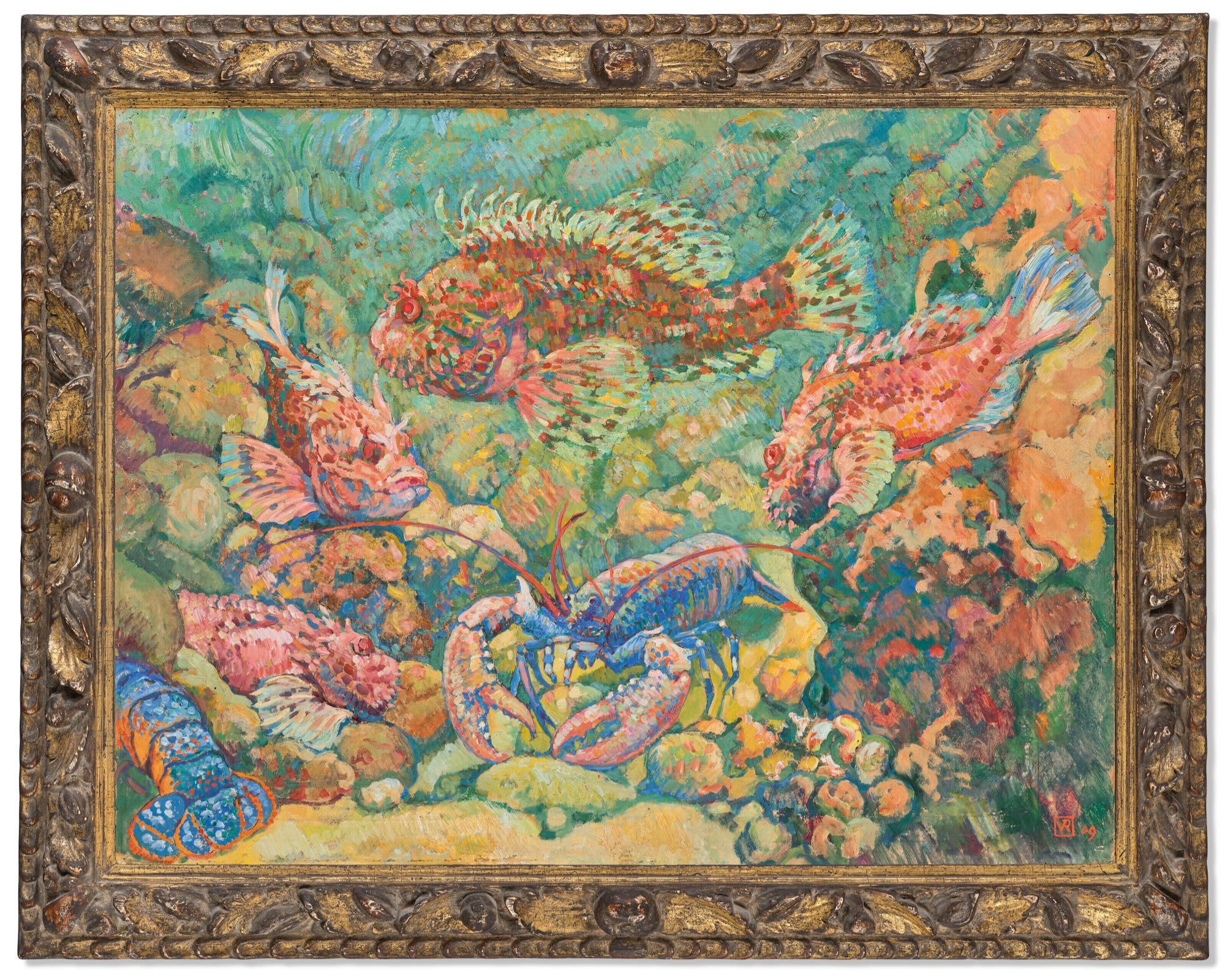 official auction photo of the painting in gilded gold frame: colorful oil painting of an underwater aquarium scene, including 4 red scorpionfish and 2 blue lobsters