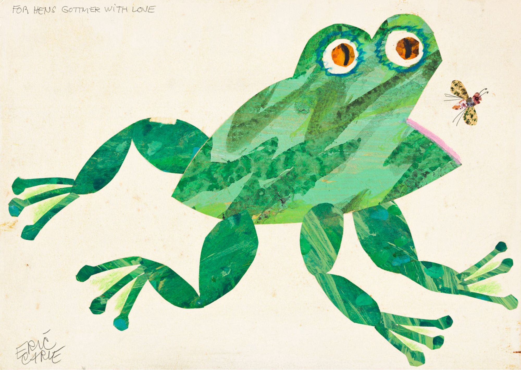 Eric Carle original collage work, illustration of a large green frog with mouth open about to eat a bug