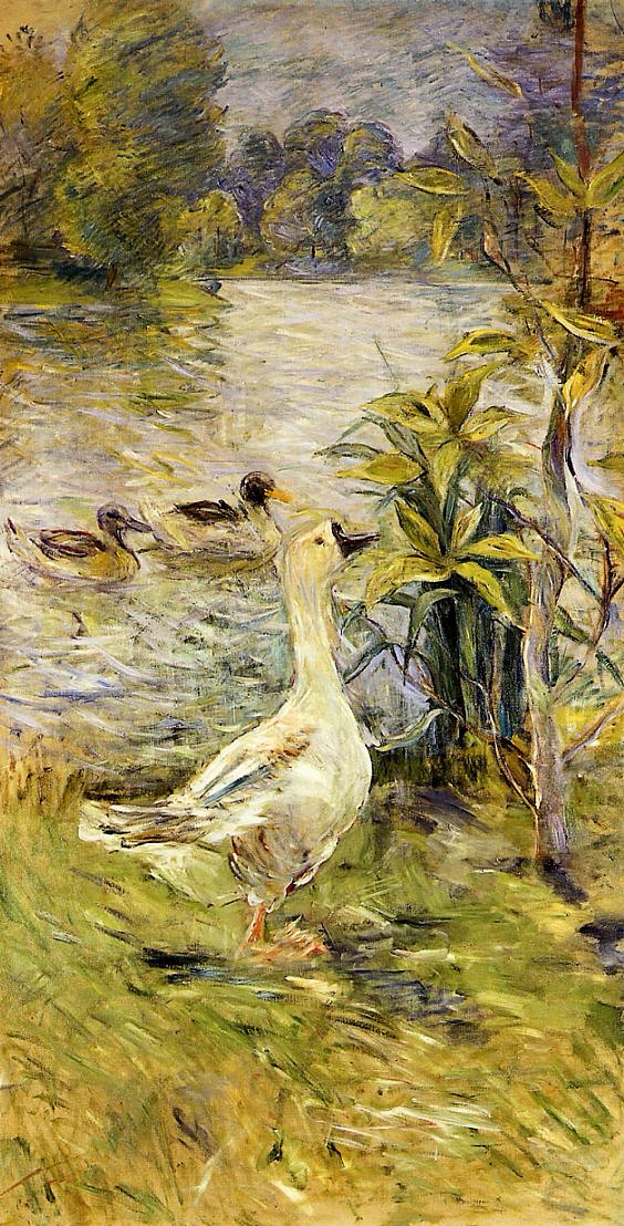 Impressionist painting of a white goose standing on a grassy shore with taller plants, in front of a lake with two ducks swimming behind it