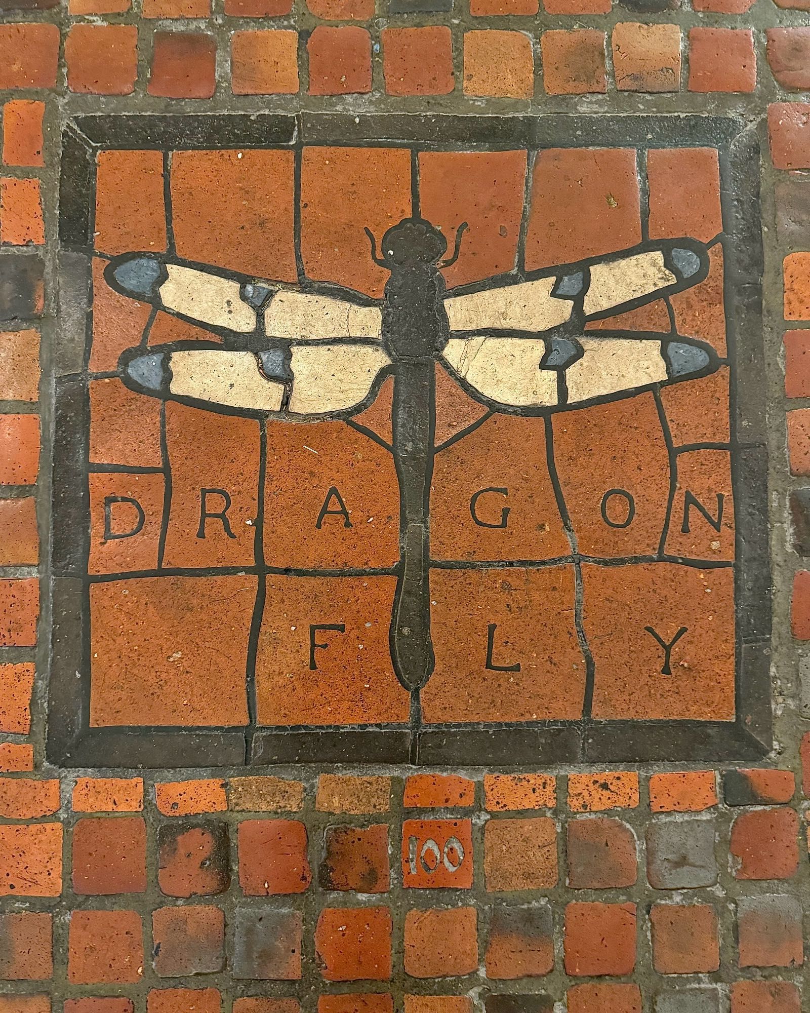 photo of the floor tile mosaic: dragonfly design with black body and white wings with blue spots, square frame, labeled “DRAGON FLY” & numbered “100”