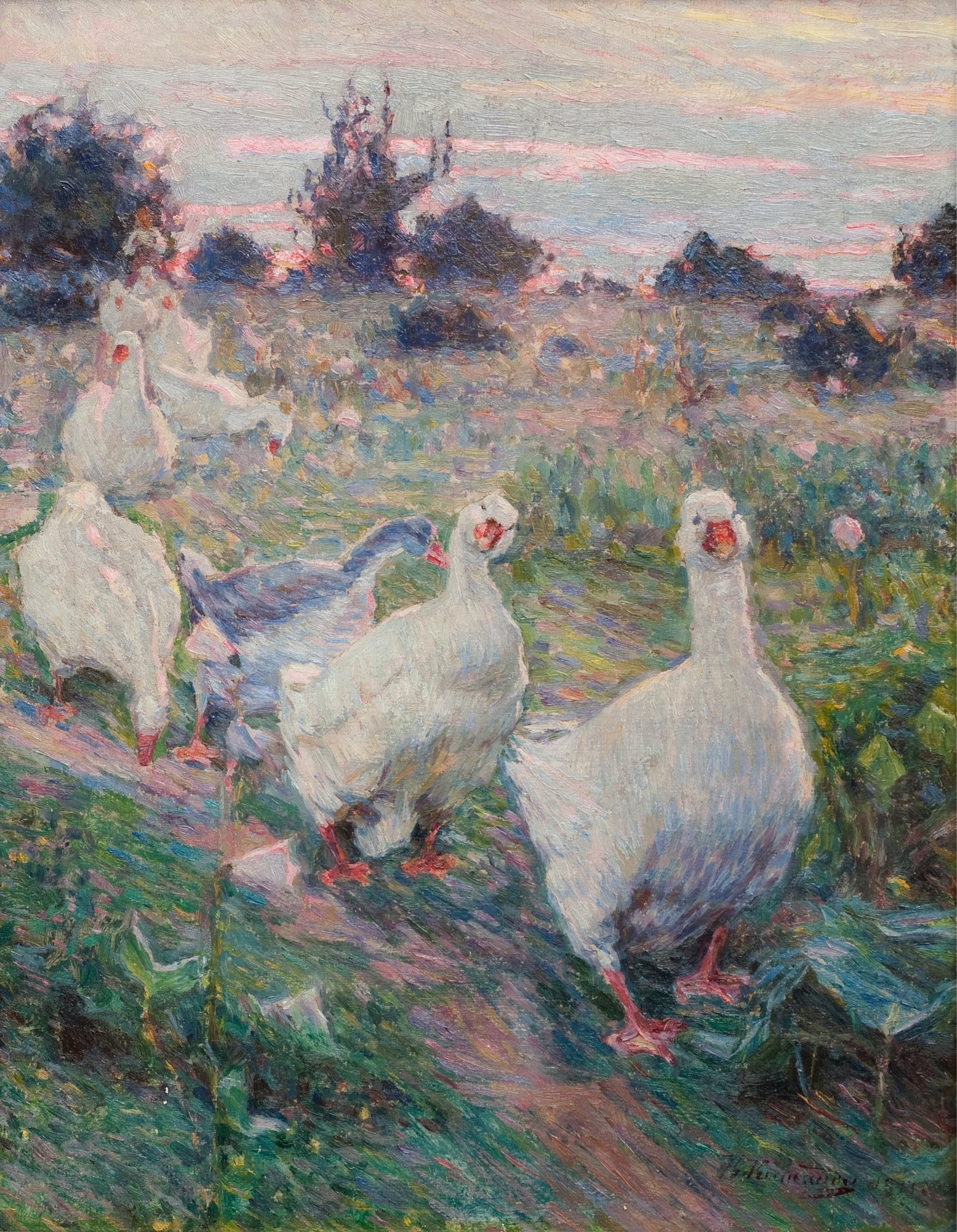 Oil painting in portrait orientation, depiction of a row of white geese walking through a green landscape, impressionistic style
“A decisive step on mastering atmospheric effects was taken by Kiriak Kostandi, representative of the Society of South-Russian Artists founded by Odesa painters in 1890. He abandoned the monochrome colour gamut of the Peredvizhniki in favour of the bright painterly idiom in which the sunlight with its rich colour reflexes became the determinative factor.”