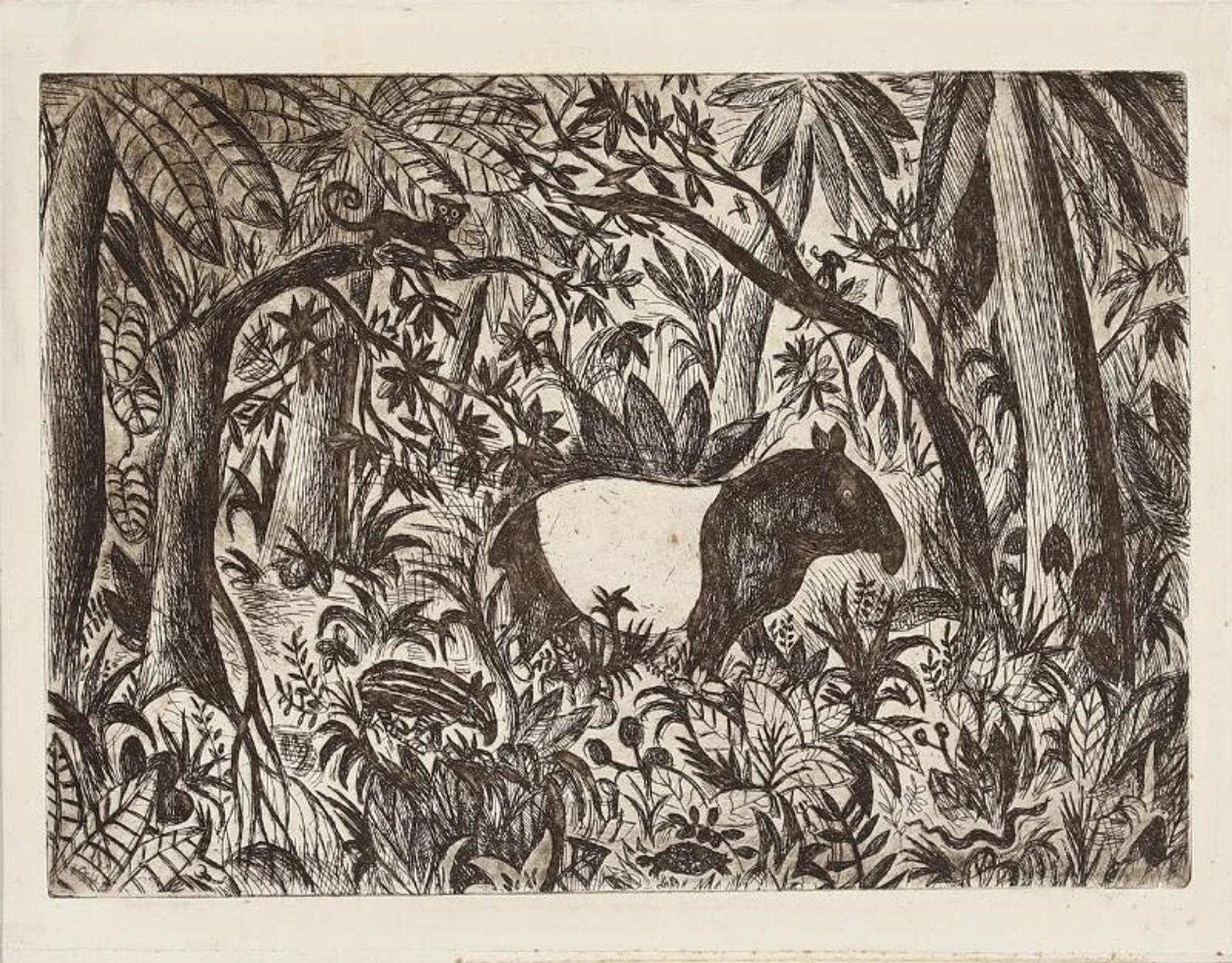 black and white print, illustration of a mother tapir with calf in a lush jungle landscape, identifiable by markings as a Malayan Tapir