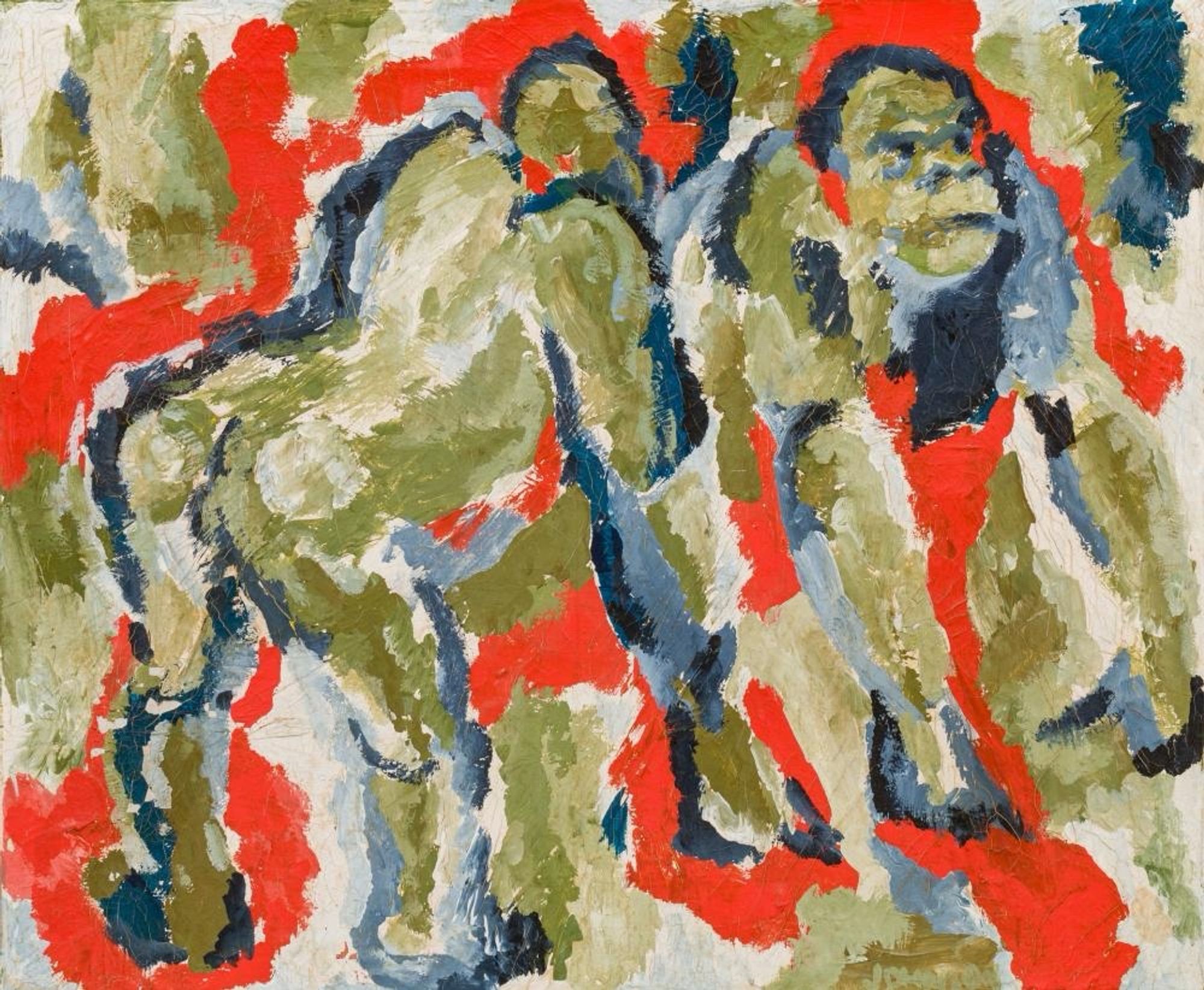 Modern art abstract painting in red/blue/green/white with two two gorilla figures