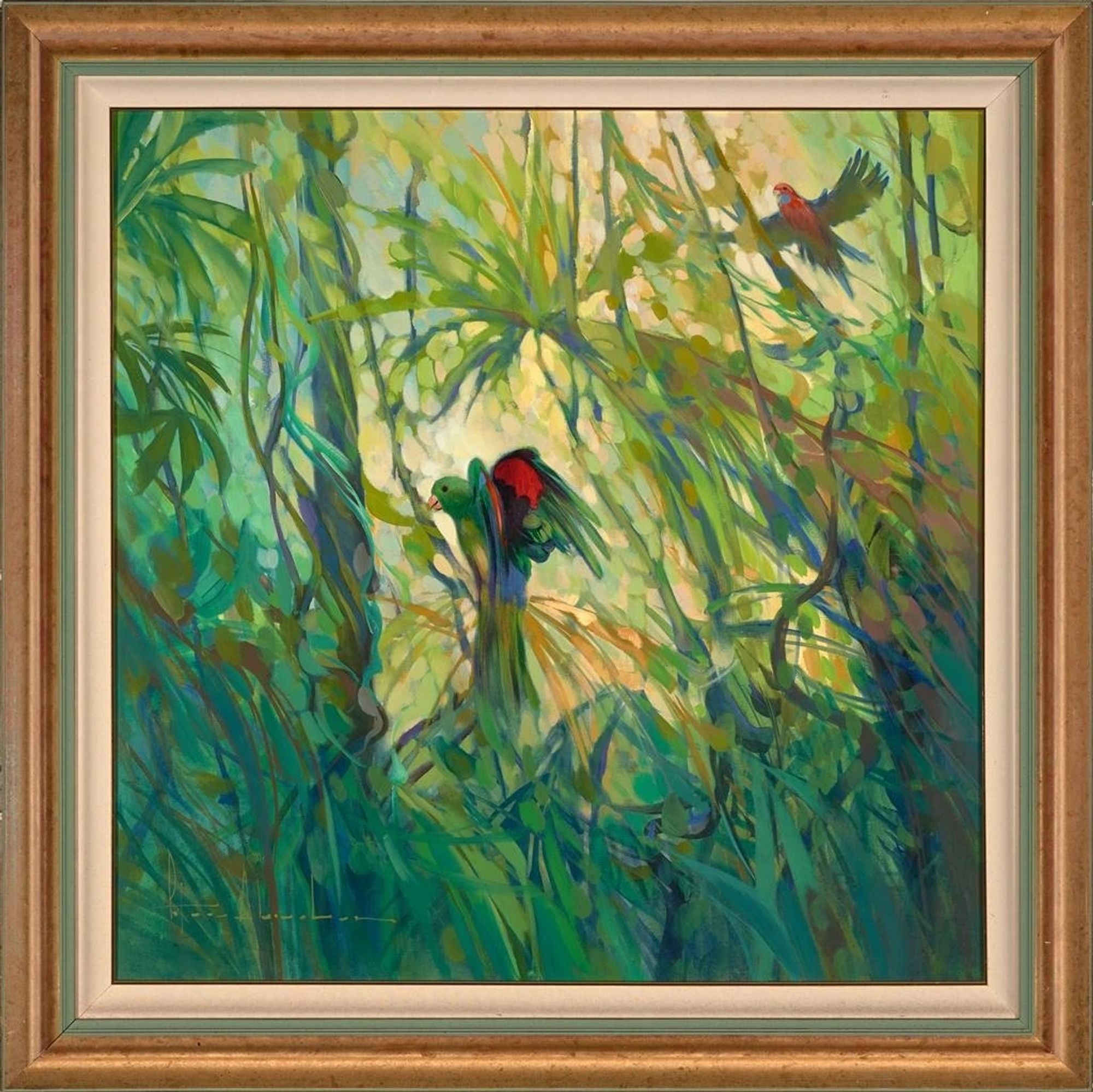 photo of the painting in mat and frame: modern expressionistic/abstract oil painting of two parrots (red/green/blue plumage) in a lush rainforest, one flying in top right and one perched in center