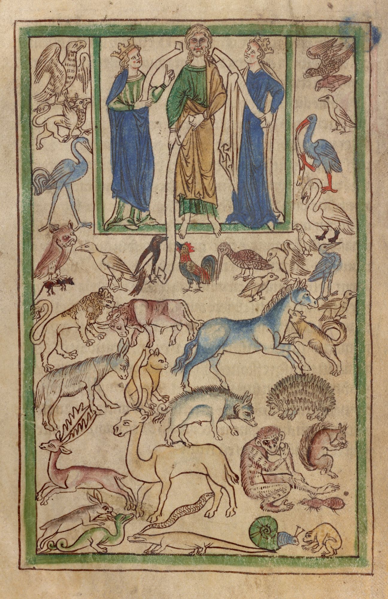 digital scan of a bestiary illuminated manuscript page: illustration of the Biblical scene of Adam naming the animals, with Adam surrounded by a menagerie of mostly mammals and birds, with a few others