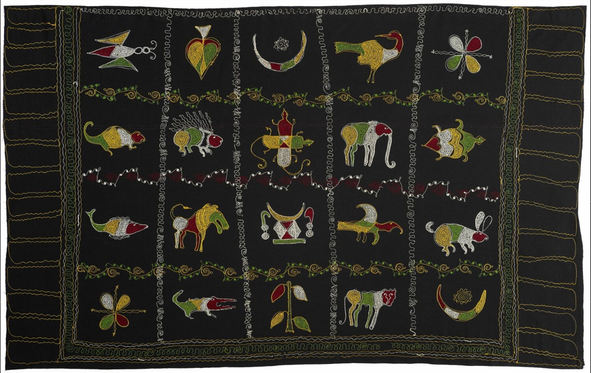 black wrap with 4x5 grid of embroidered squares in red/yellow/green/white/black, each with a different emblem, including animals including mammals, birds, reptiles, fish, insects
wool; 2:2 broken twill weave; fulled; embroidered with rayon in chain stitches; two lengths joined