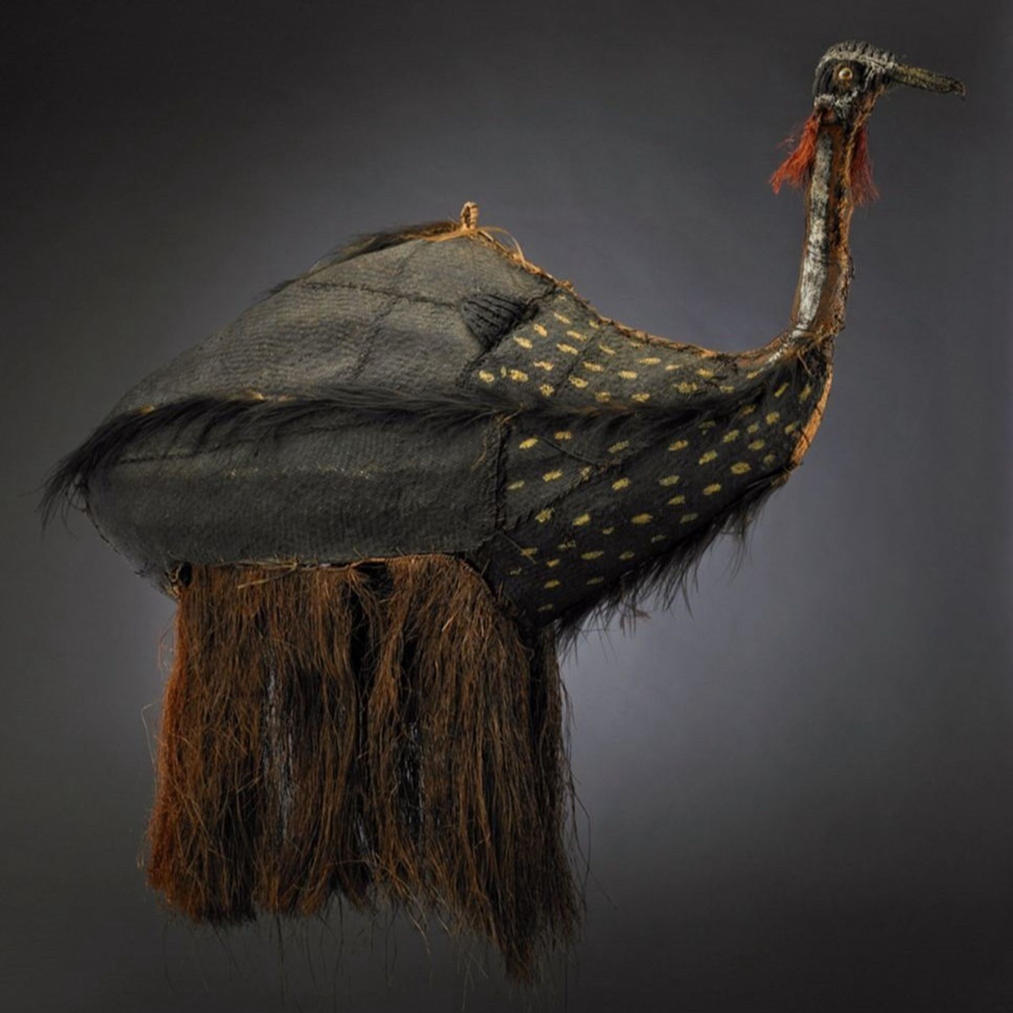 "Finely woven rattan body costume with hanging fiber. Wings and head made from plaited string. Long neck. Design painted on predominately black body. Shell eye. Cassowary feathers extend down sides and ridge of back. Dangling twine from circular disc ears."