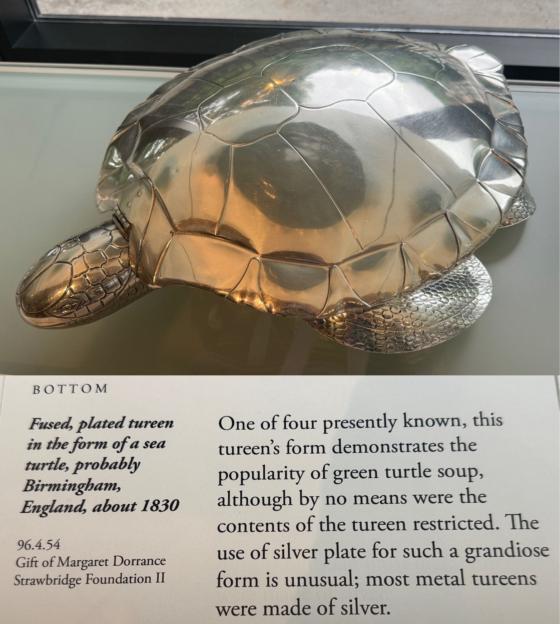 photo of the silver sea turtle tureen and its label on display at museum
“BOTTOM
Fused, plated tureen in the form of a sea turtle, probably Birmingham,
England, about 1830
96.4.54
Gift of Margaret Dorrance Strawbridge Foundation II
One of four presently known, this tureen's form demonstrates the popularity of green turtle soup, although by no means were the contents of the tureen restricted. The use of silver plate for such a grandiose form is unusual; most metal tureens were made of silver.”